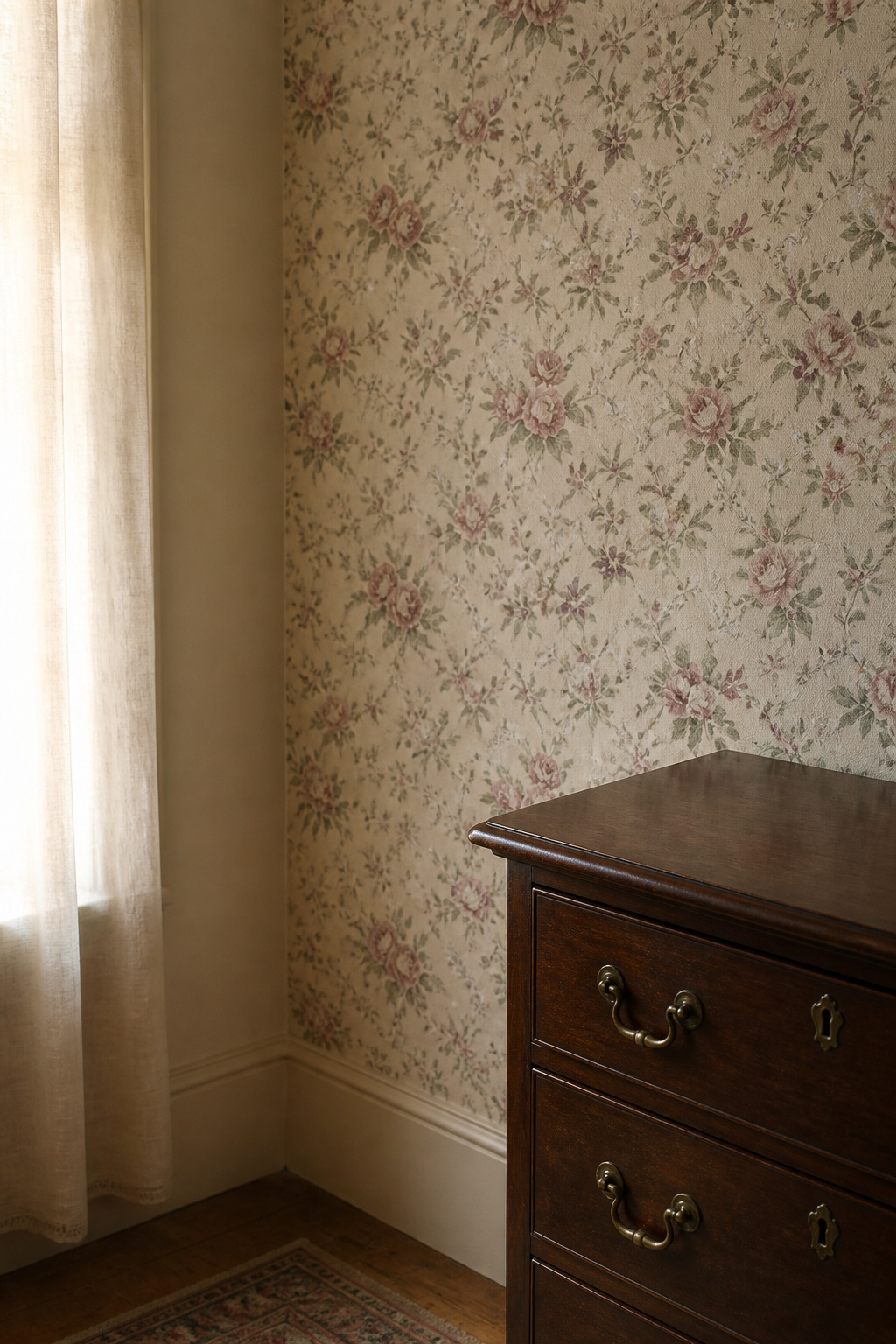 Bedroom corner with small-scale vintage floral wallpaper in dusty rose and sage on cream ground, adjacent matte cream walls, and corner of mahogany dresser