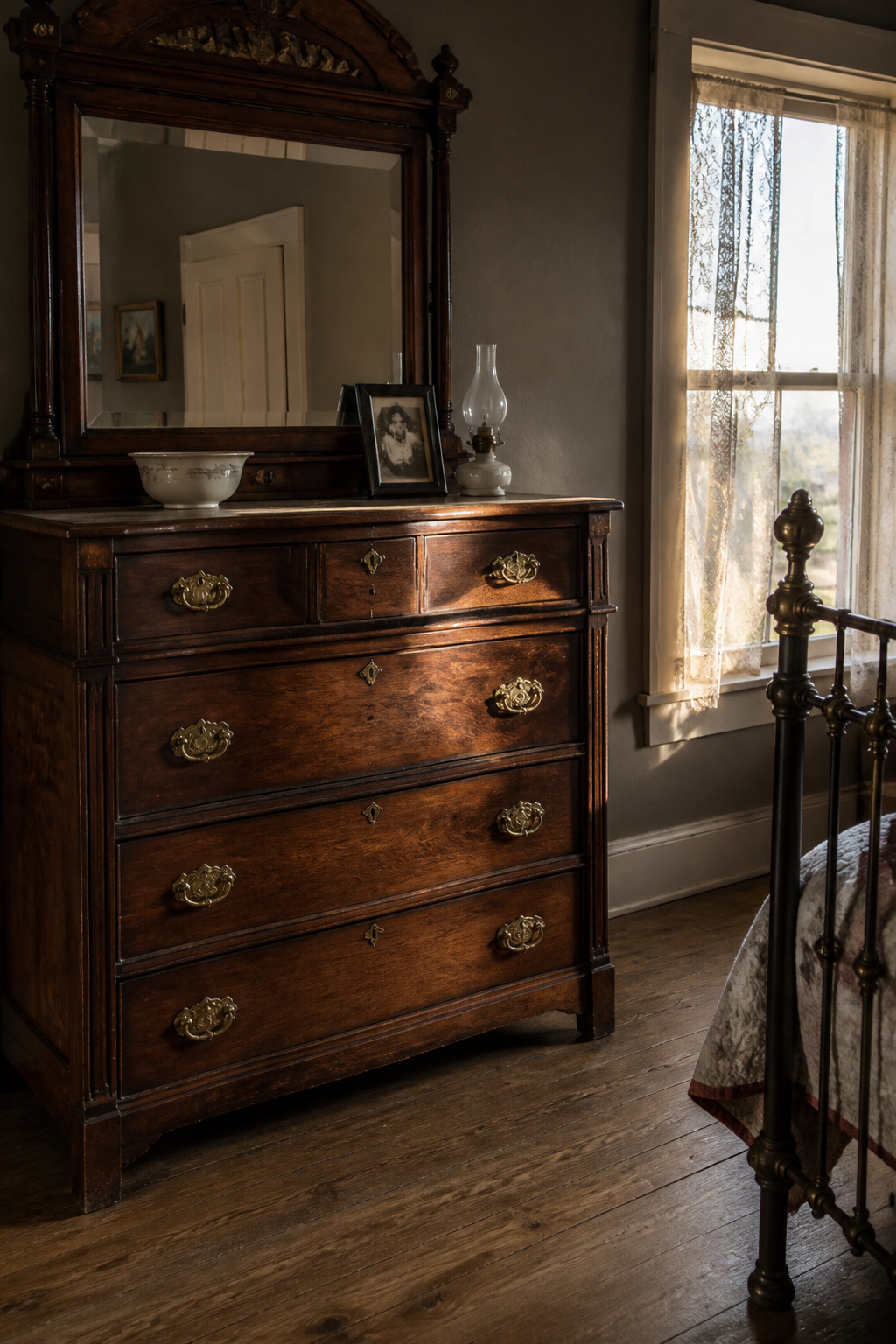 Victorian walnut dresser with original brass pulls and bevelled mirror anchoring a period bedroom with iron bed frame and aged oak floorboards