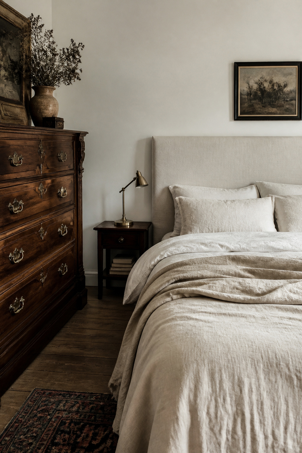 Mixed-era bedroom with Victorian walnut dresser alongside a modern linen-upholstered headboard, unified by natural materials and warm white walls