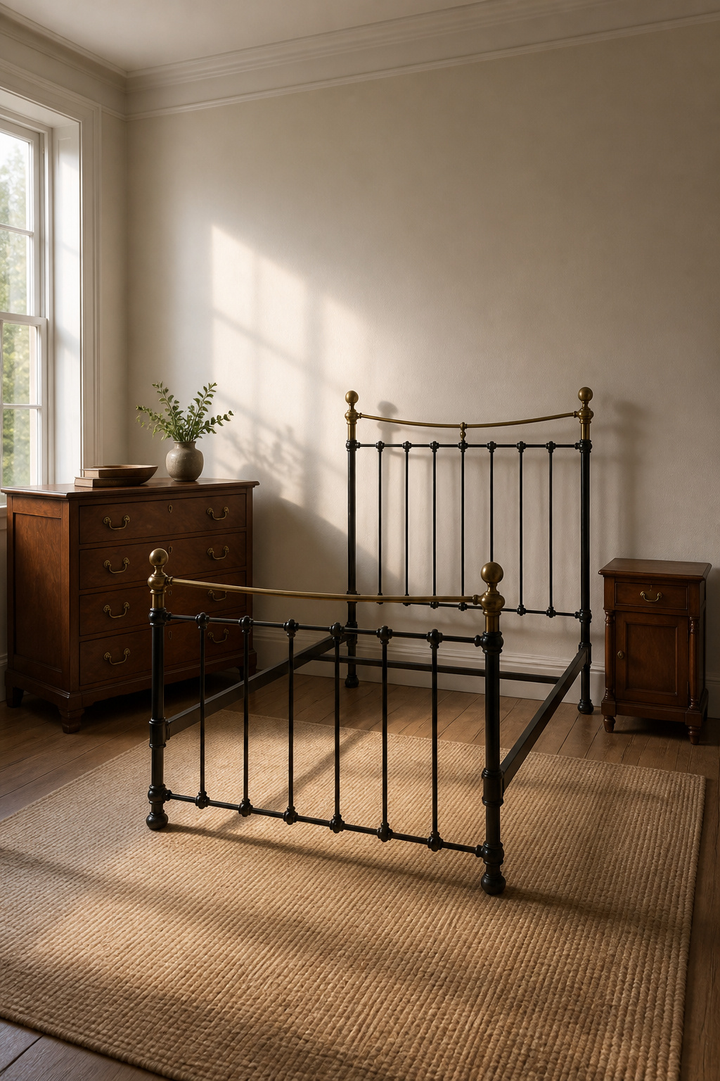 Victorian walnut dresser, iron and brass bed frame, and mahogany bedside cabinet arranged to show scale relationships between three bedroom furniture categories