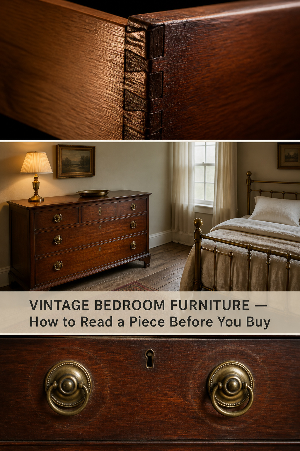Pinterest guide to vintage bedroom furniture showing hand-cut dovetail joints, styled dresser opposite brass bed, and original brass pulls with patina wear rings