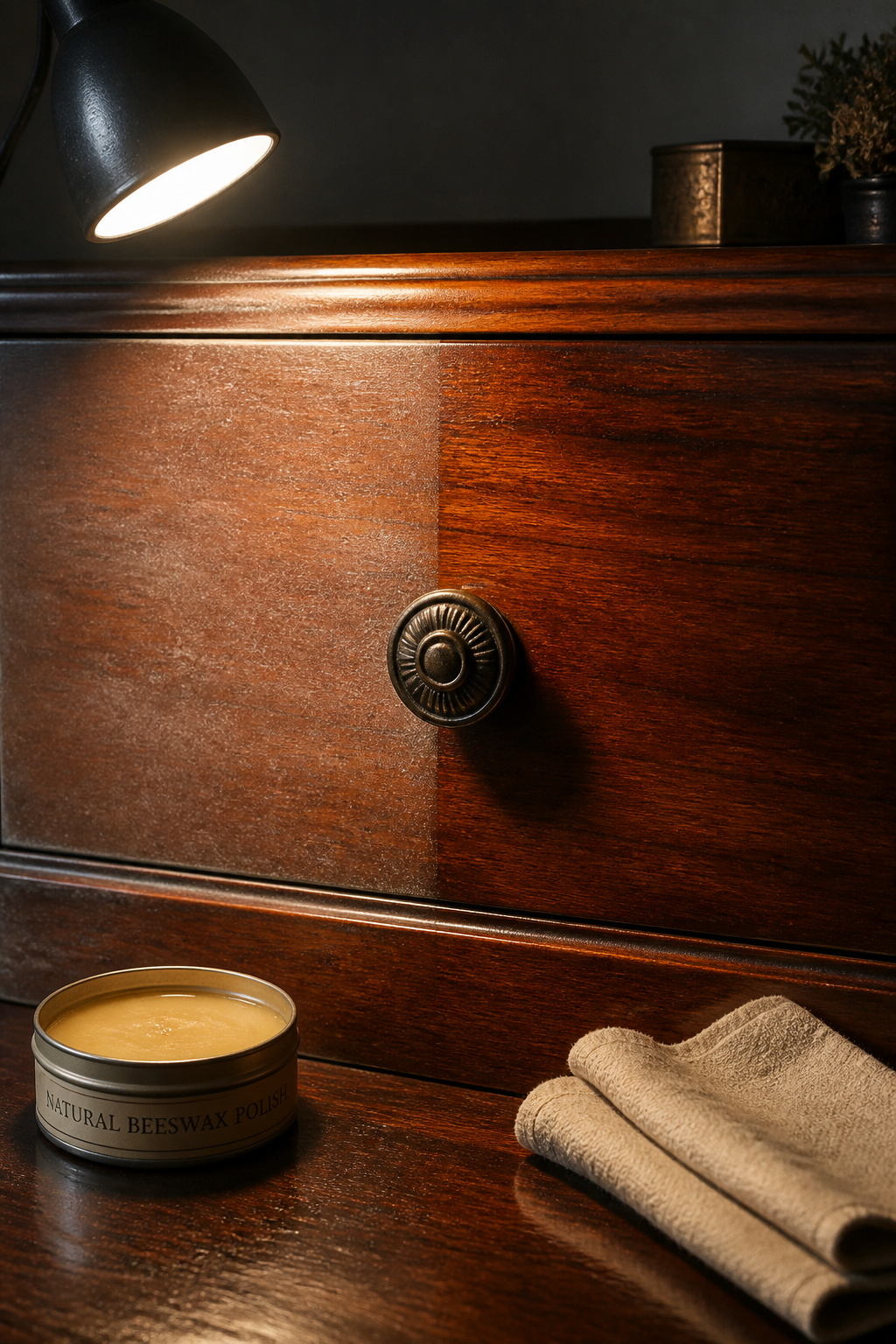 Mahogany drawer front showing before and after wax restoration, with beeswax polish tin and buffing cloth