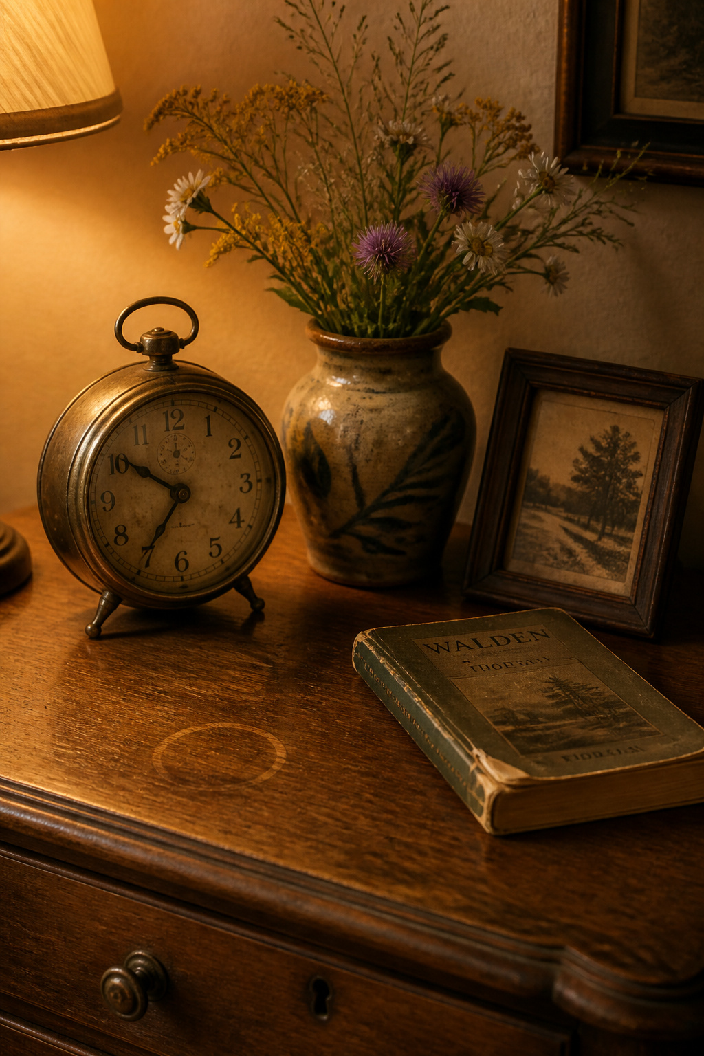 Vintage dresser top with brass clock, ceramic vase, framed photograph and worn paperback — objects from different eras sharing one surface naturally