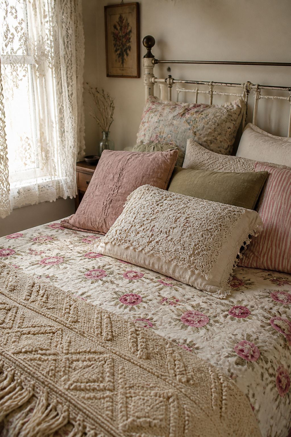 Vintage bed layered with rose-print cotton quilt, cream tufted chenille throw, and crochet lace pillowcase, with mismatched linen pillows in faded rose and sage