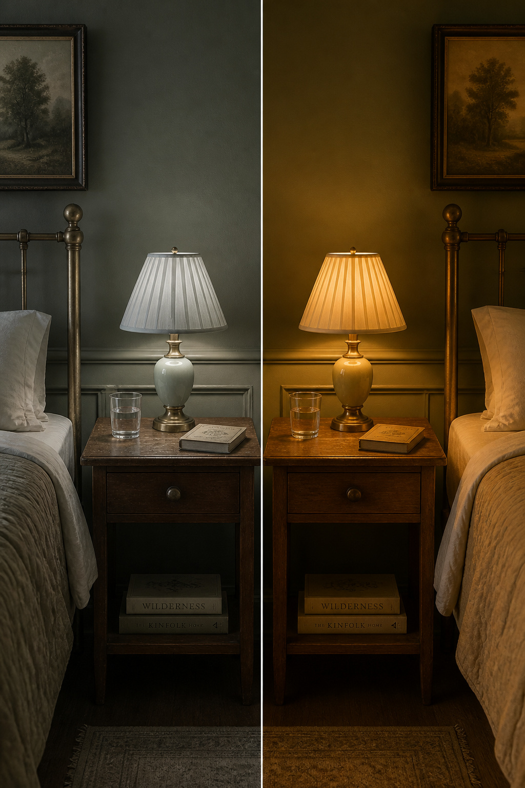 Side-by-side comparison of the same vintage bedroom corner under 3000K cool-white versus 2200K warm-amber light, showing how colour temperature transforms brass, sage walls, and linen