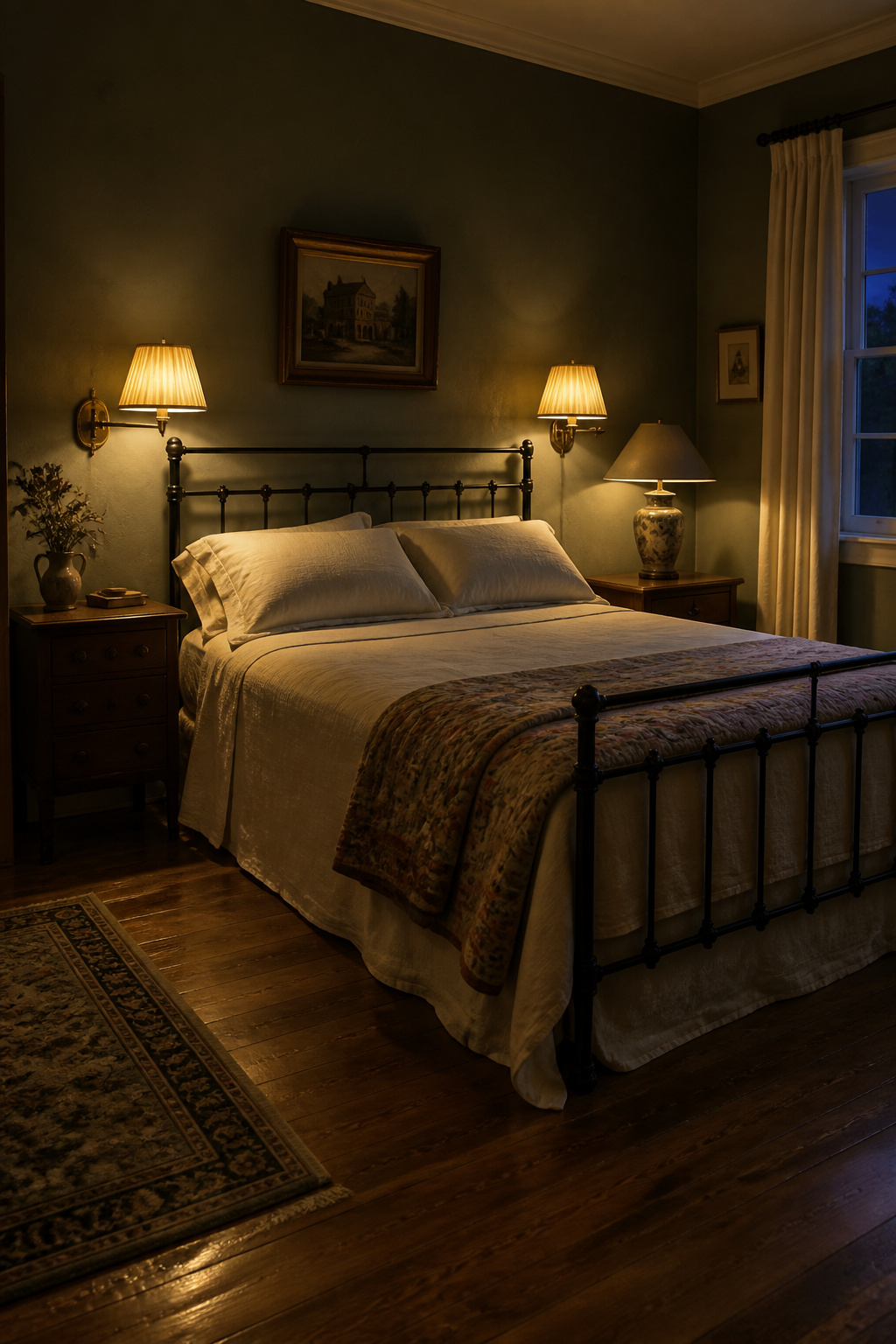 Vintage bedroom with brass swing-arm sconces casting warm amber light on either side of an iron bed, sage green walls, and a coolie-shade table lamp on the far nightstand