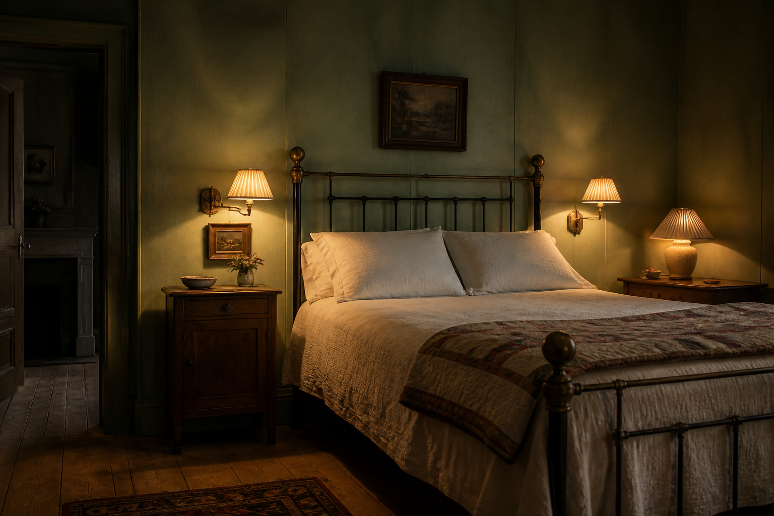 Vintage bedroom with brass swing-arm sconces casting warm amber light on either side of an iron bed, sage green walls, and a coolie-shade table lamp on the far nightstand