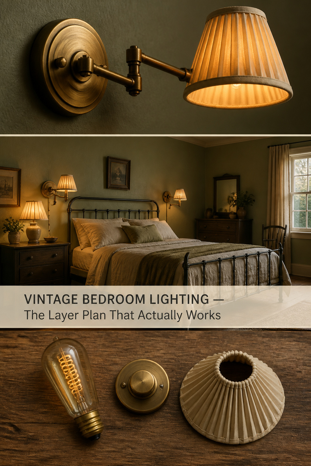 Pinterest guide to vintage bedroom lighting showing brass swing-arm sconce detail, full layered bedroom scene with paired sconces and coolie lamp, and Edison bulb dimmer flatlay