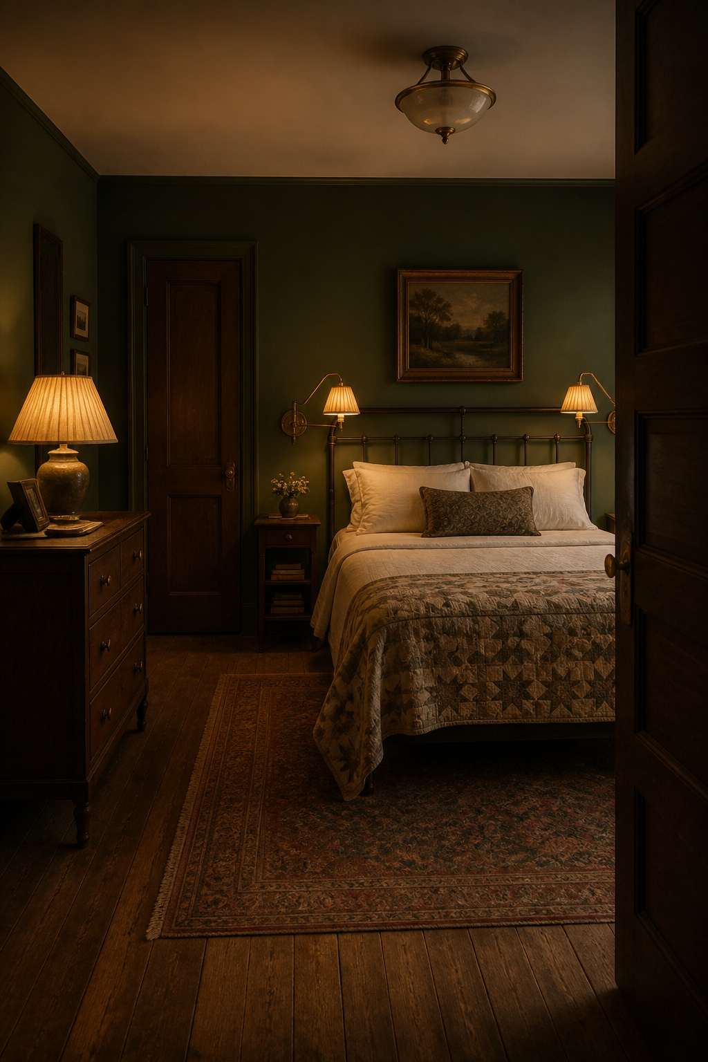 Complete vintage bedroom lighting plan at dusk showing three layers: dimmed Art Deco ceiling flush mount, paired brass swing-arm reading sconces, and ceramic dresser lamp with coolie shade on moss green walls