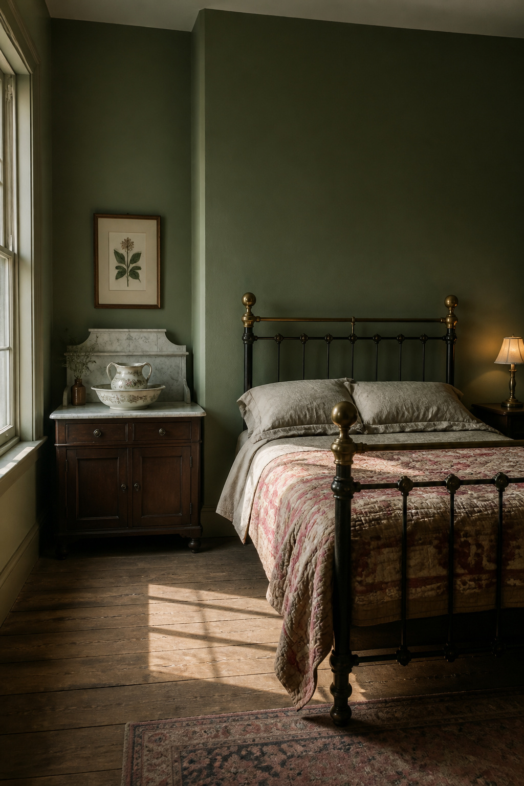 Bedroom painted in deep sage green heritage paint with Victorian brass bed frame and aged linen bedding in ochre and dusty rose