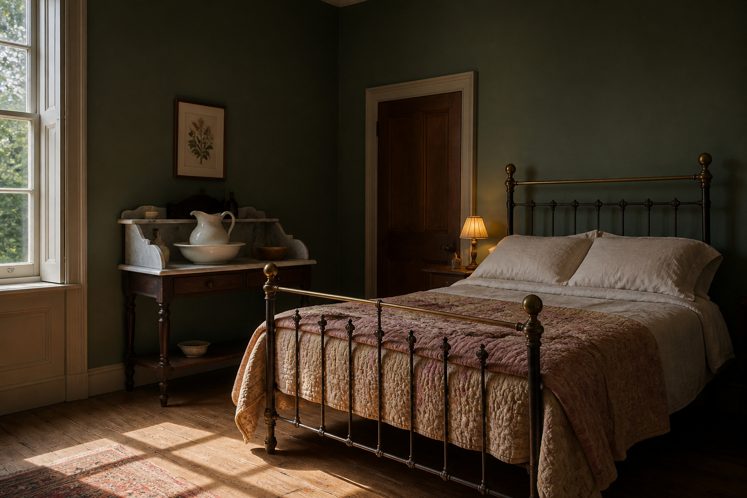 Bedroom painted in deep sage green heritage paint with Victorian brass bed frame and aged linen bedding in ochre and dusty rose