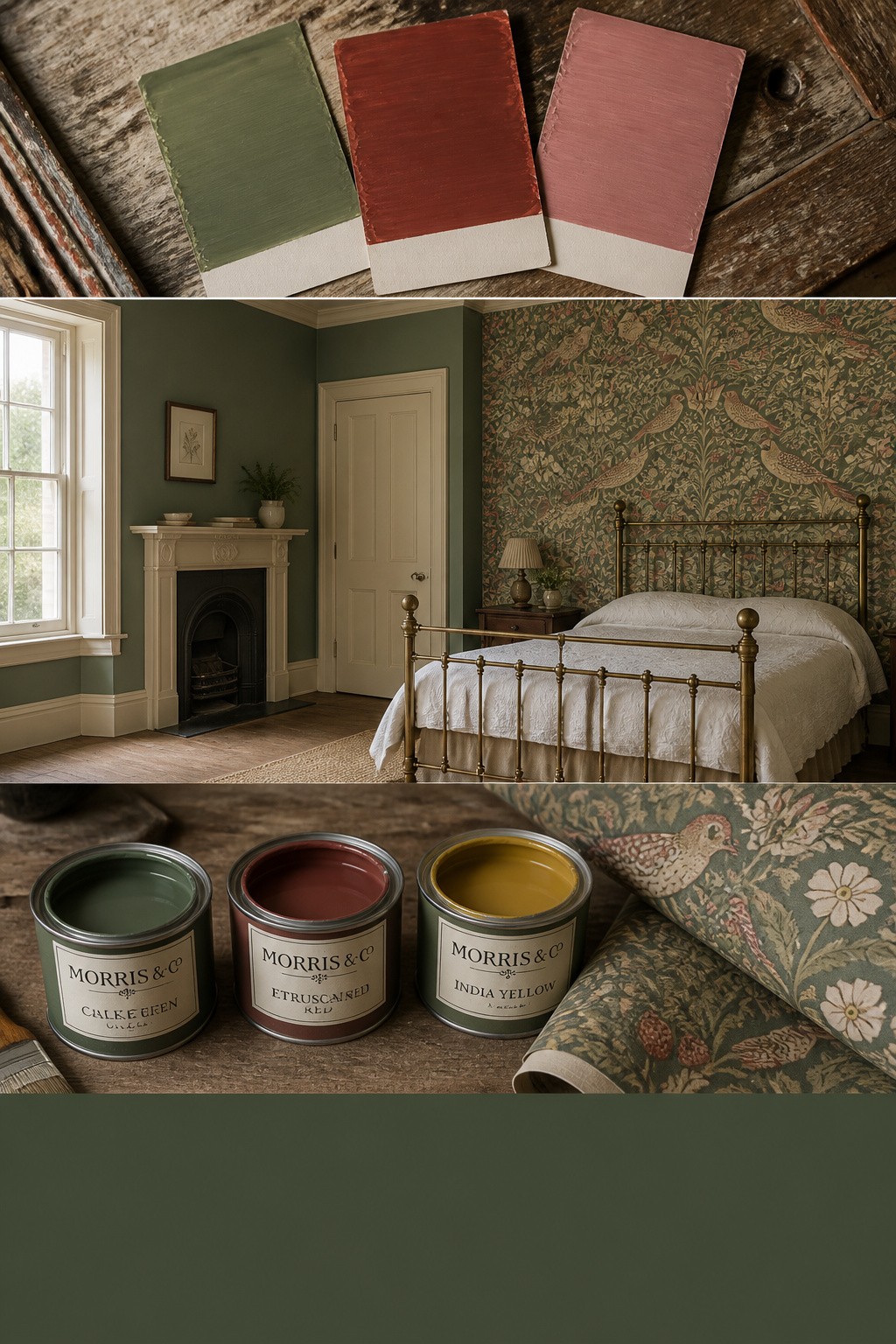 Collage of vintage bedroom paint color palette swatches, heritage painted bedroom with botanical wallpaper, and paint tin still life in moss green, rust and ochre