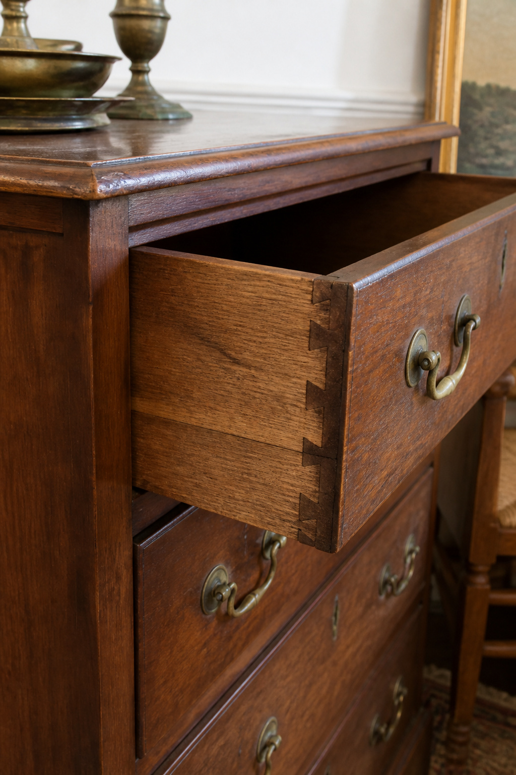 Estate sale walnut dresser with open drawer showing hand-cut dovetail joinery, original patinated brass bail pulls, and logical surface wear at edges and drawer fronts