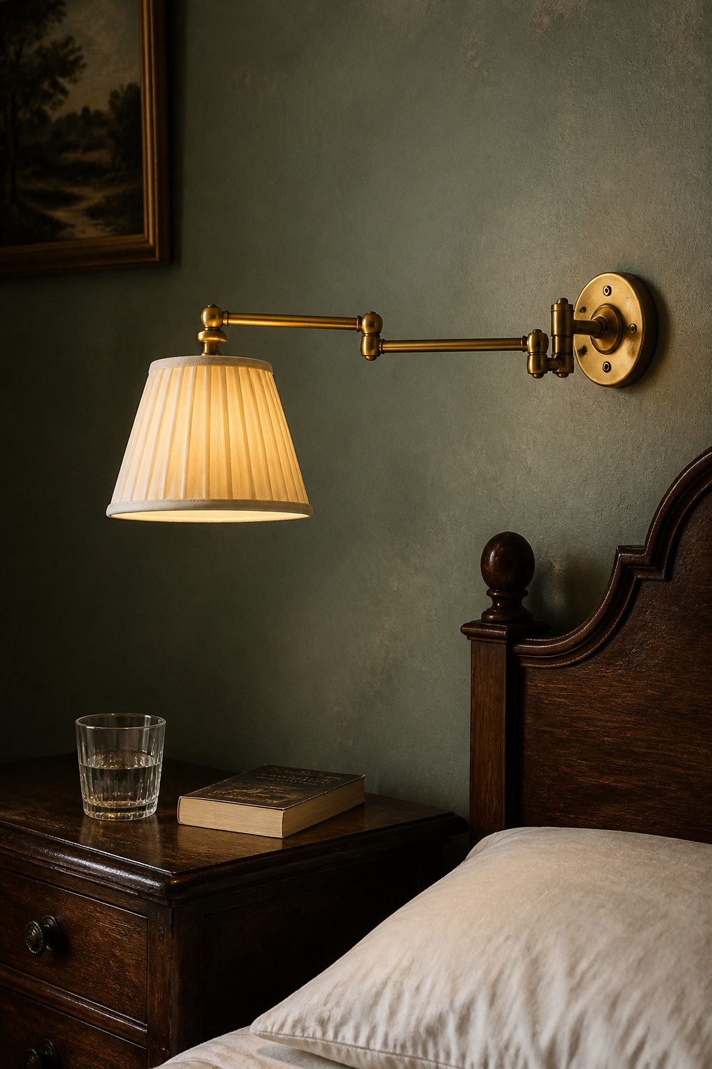Brass swing-arm sconce extended over a vintage bedroom pillow position, pleated linen shade glowing warm amber, sage green wall, walnut period nightstand below