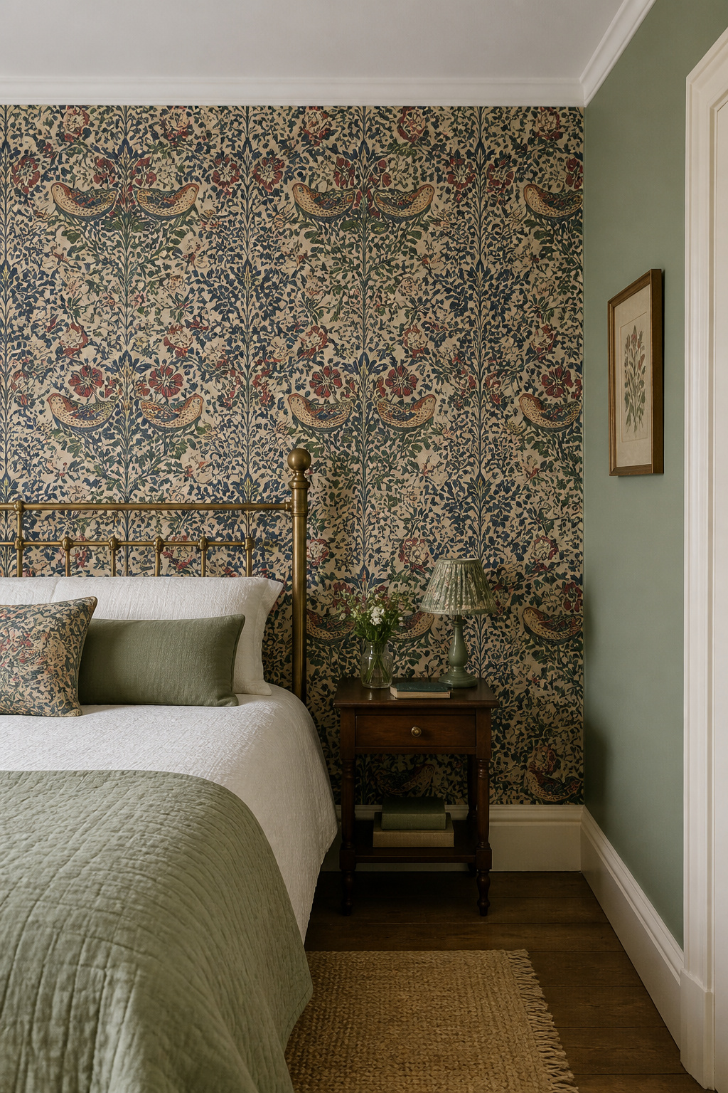 Bedroom bedhead wall papered in vintage botanical floral wallpaper in indigo and sage with off-white trim and adjoining walls in muted sage green paint