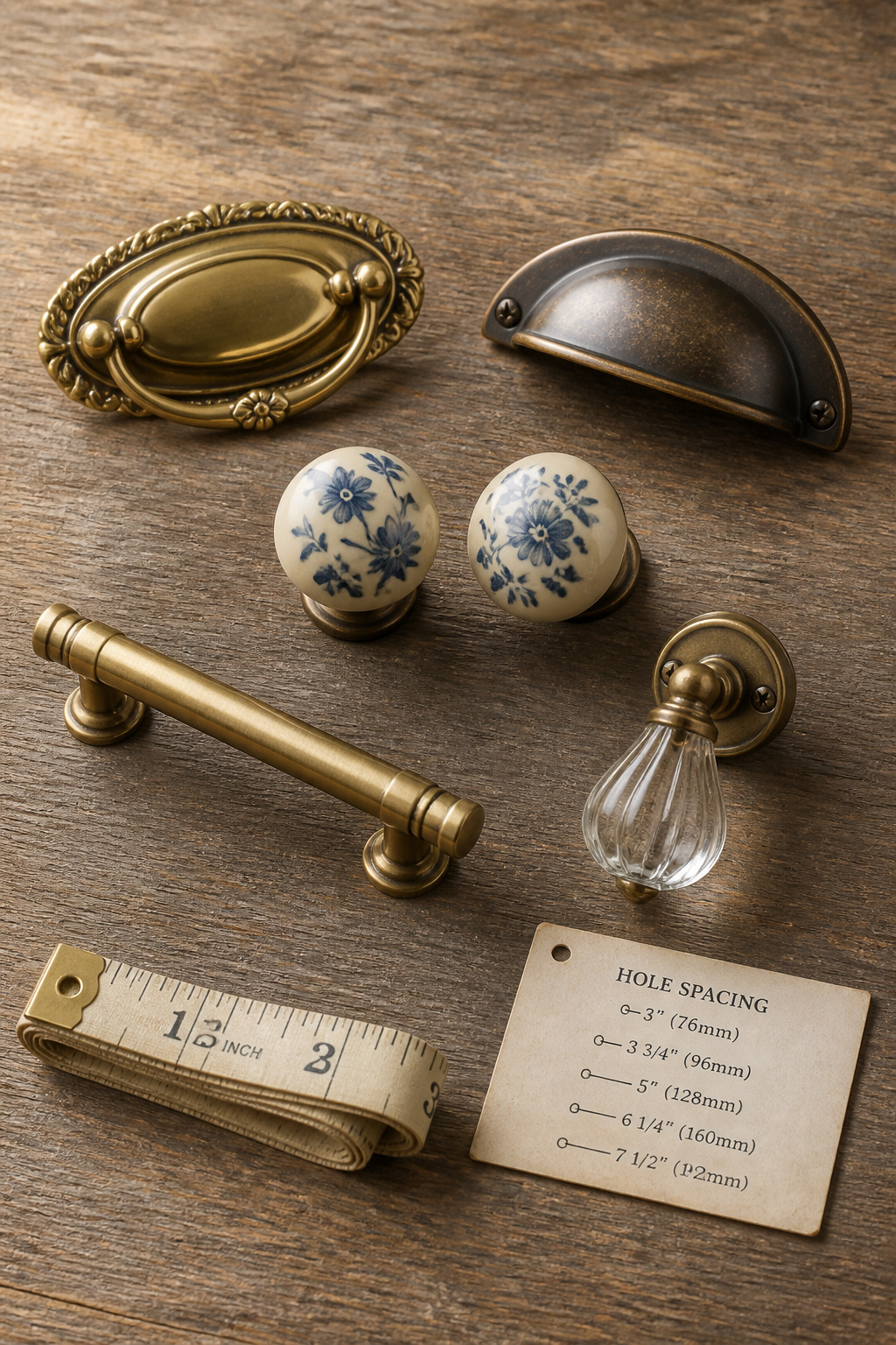 Five vintage-appropriate drawer pull styles arranged as a selection guide including bail handles, cup pulls, ceramic knobs, bar handles, and glass teardrop pulls with a measuring tape