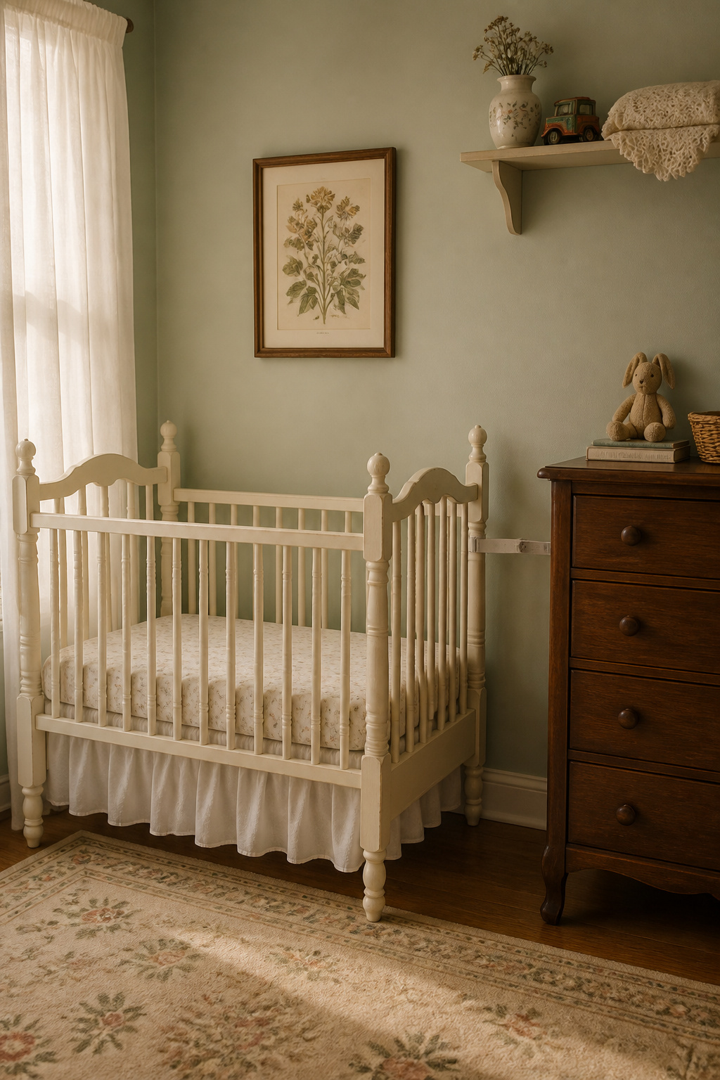 Vintage-style nursery with cream convertible crib with turned spindles against sage wall, anchored walnut dresser, botanical print, and decorative lace blanket on high shelf