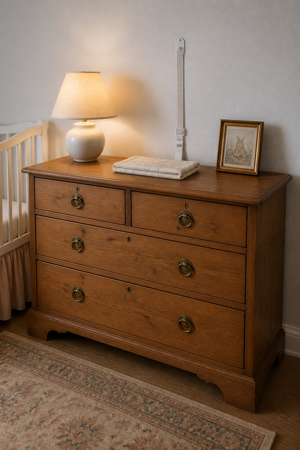 Antique pine dresser with brass pulls and ceramic lamp in nursery showing wall anti-tip anchor strap at top back edge