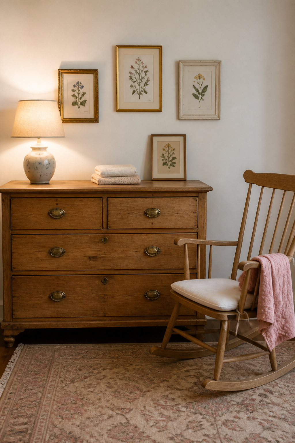 Nursery corner with antique pine dresser with brass pulls and ceramic lamp, natural oak rocking chair with cream linen pad, and vintage botanical print gallery wall above