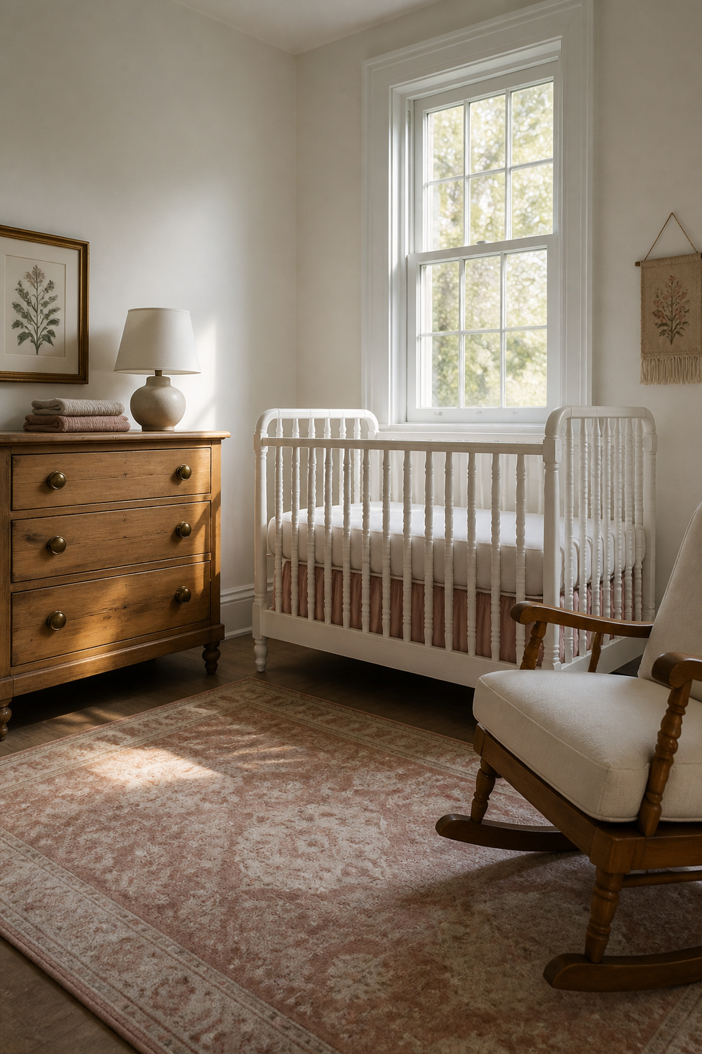Vintage nursery with spindle convertible crib, antique pine dresser with brass pulls and ceramic lamp, and oak rocking chair on a dusty-rose wool rug
