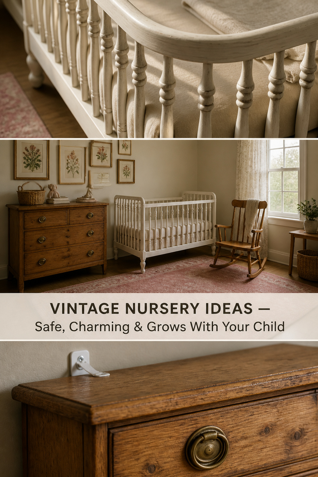 Pinterest guide to vintage nursery ideas showing spindle crib spindles, fully styled vintage nursery room, and antique dresser with brass pull and wall anchor strap