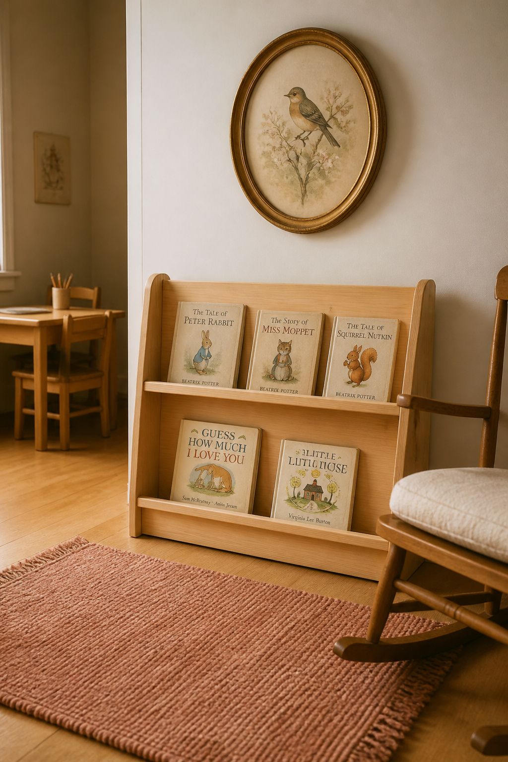 Vintage nursery reading corner at preschool stage with low pine front-facing bookshelf, dusty-rose wool rug, oak rocking chair, and oval-framed watercolour bird illustration