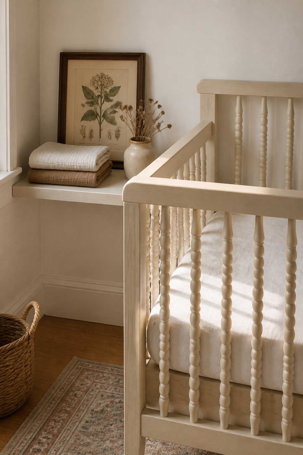 Modern convertible crib with cream-painted spindles beside a narrow shelf holding vintage botanical print and dried botanicals in a soft milk-white nursery