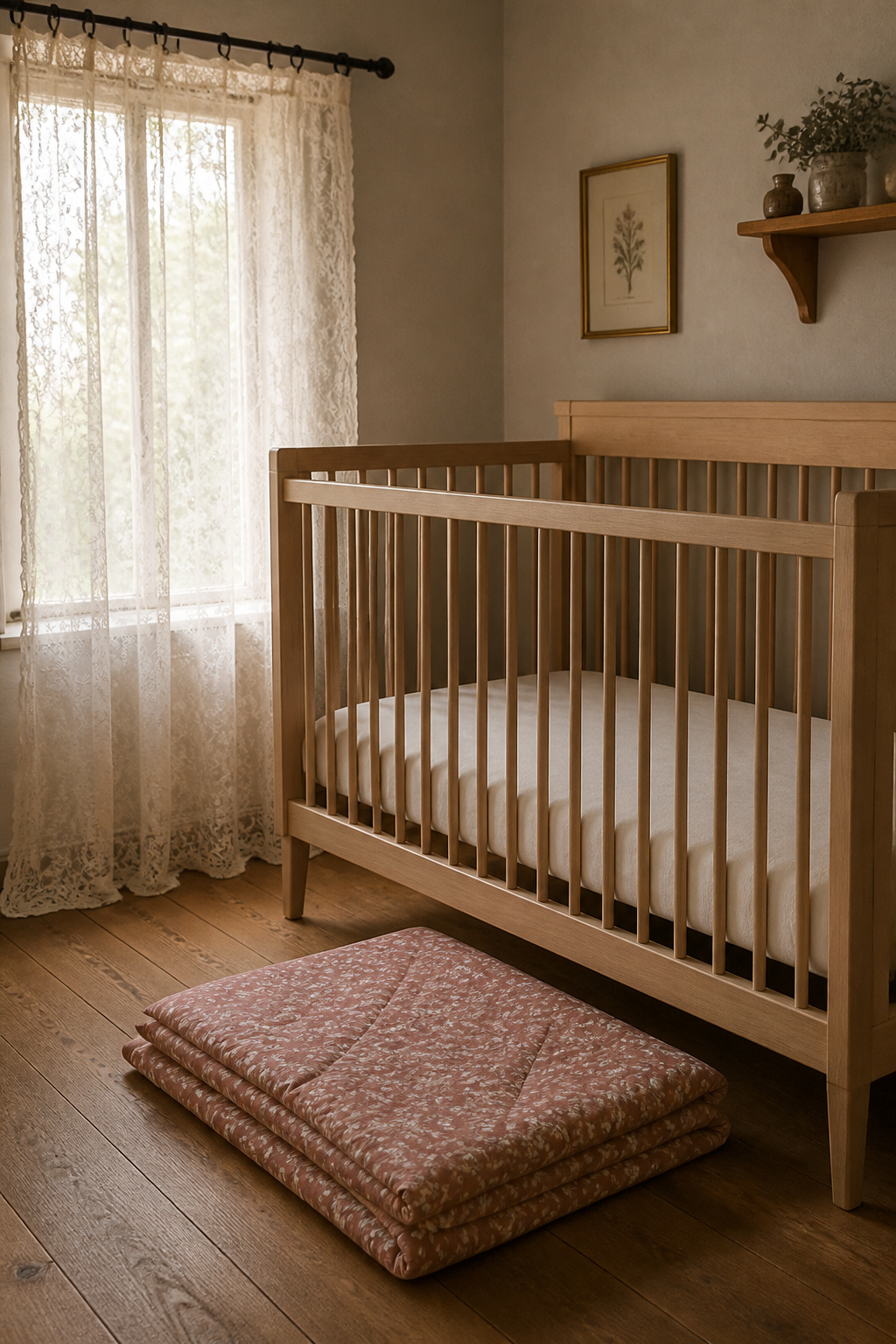 Vintage nursery crib with single cream linen fitted sheet, folded cotton gauze floral quilt on floor as playmat, and vintage lace curtain panel at window