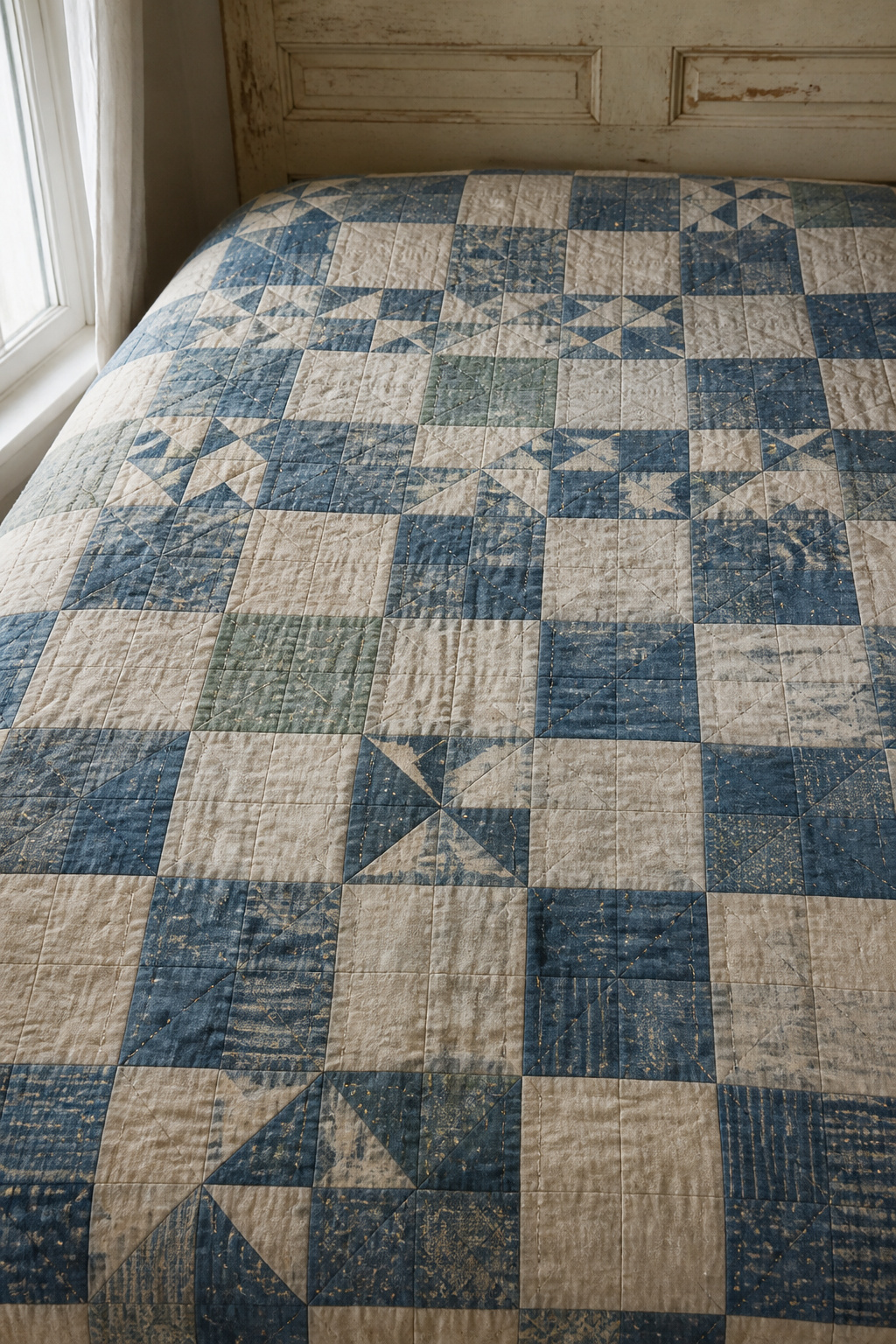 Vintage patchwork quilt with faded indigo and cream geometric blocks showing hand-stitching lines across a bed