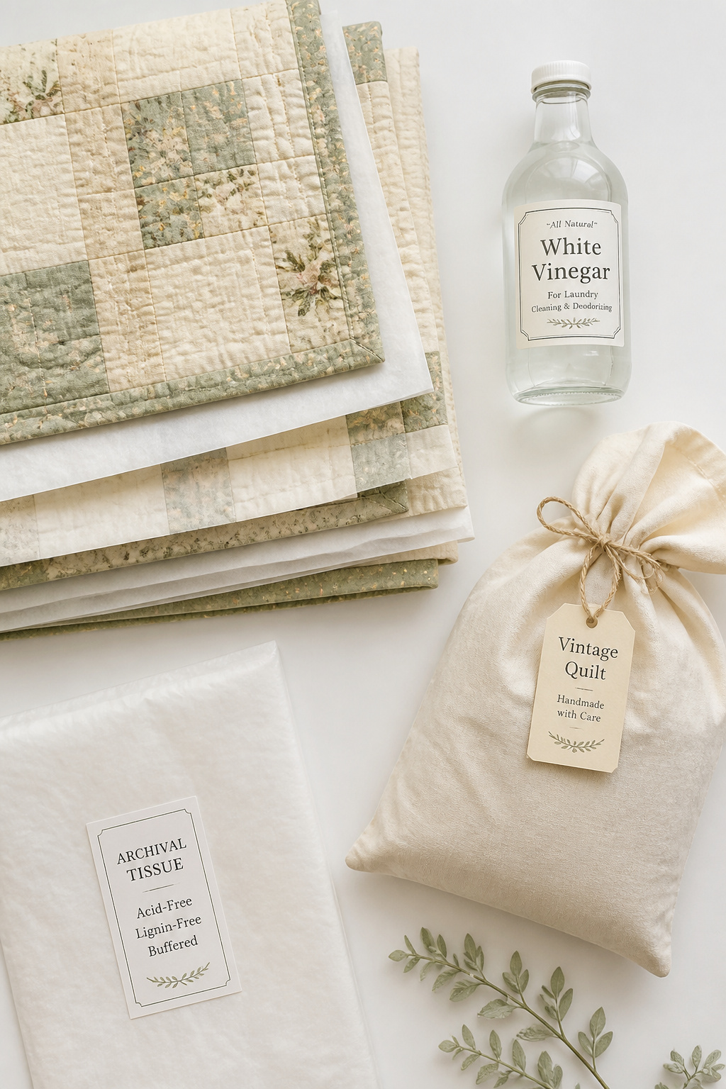 Vintage quilt folded with acid-free tissue paper, muslin storage bag, and white vinegar for textile care