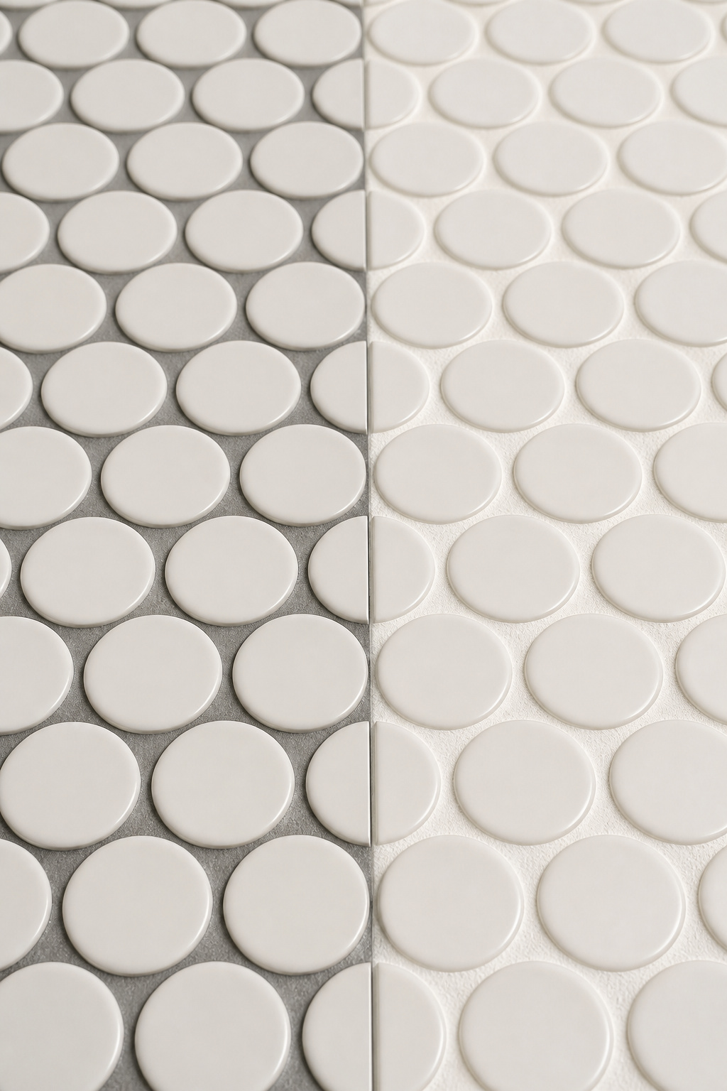 Side-by-side comparison of period-accurate 1/16-inch grey grout versus modern 1/8-inch white grout on penny round tile
