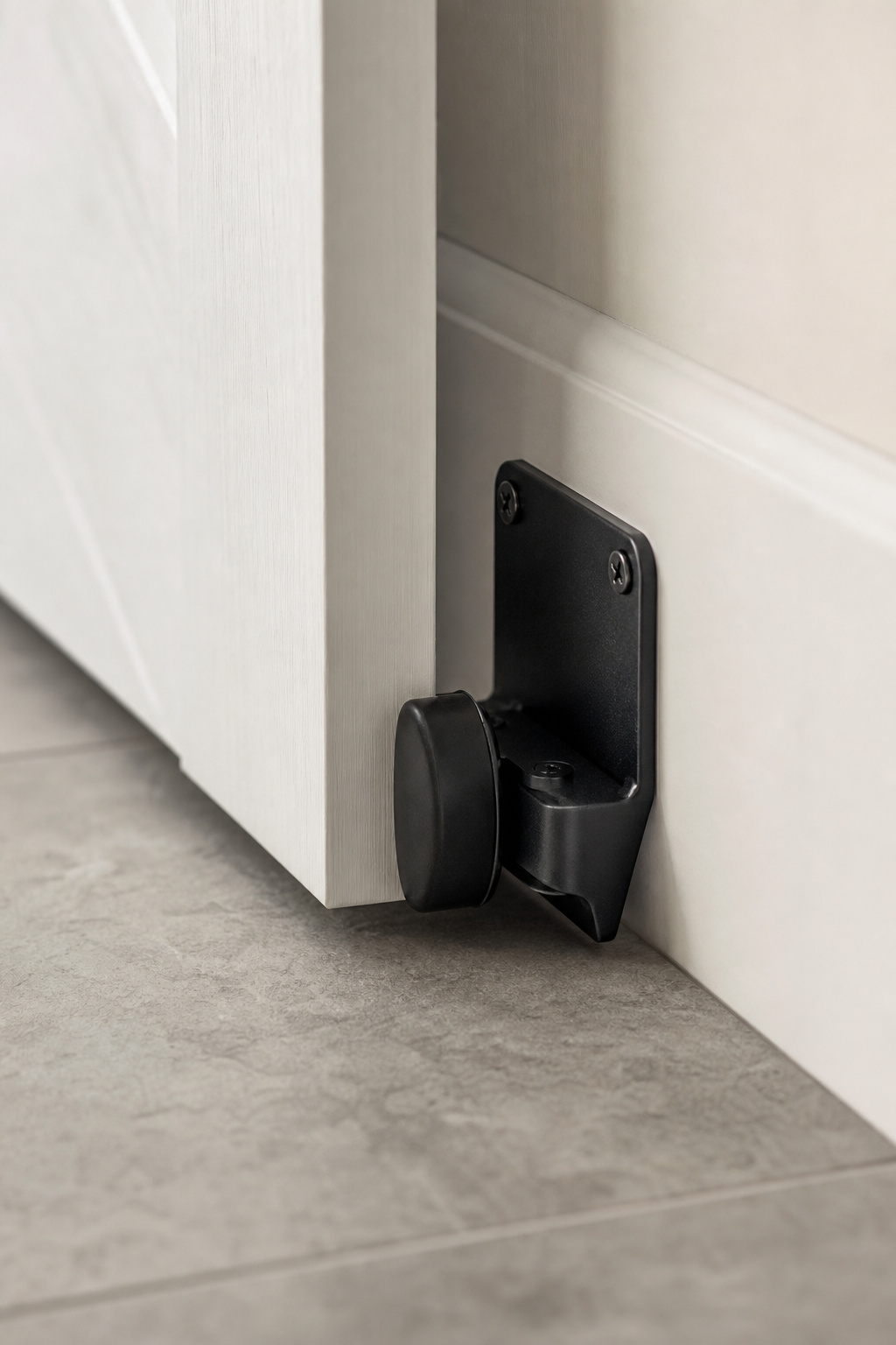 Matte black wall-mounted barn door floor guide attached to white baseboard, keeping the door panel plumb with no drilling into grey tile floor