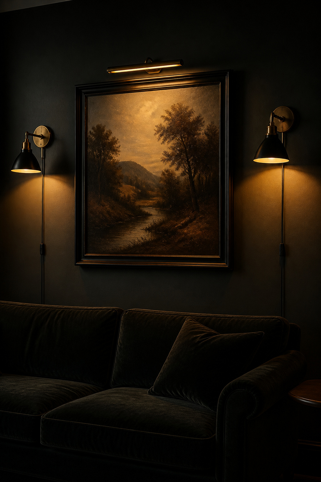 Brass wall sconces at 66 inches flanking dark-framed artwork with picture light on a deep charcoal-green wall in a moody living room