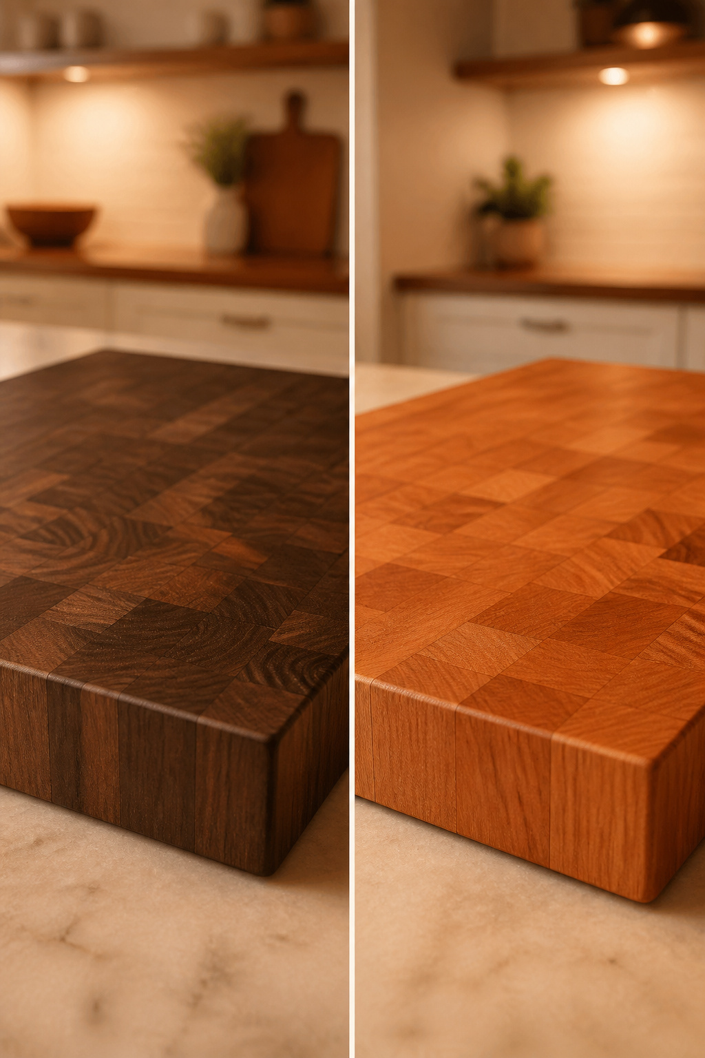 Side-by-side comparison of black walnut and cherry butcher block slabs showing the deep chocolate tone of walnut and warm reddish-brown of mature cherry