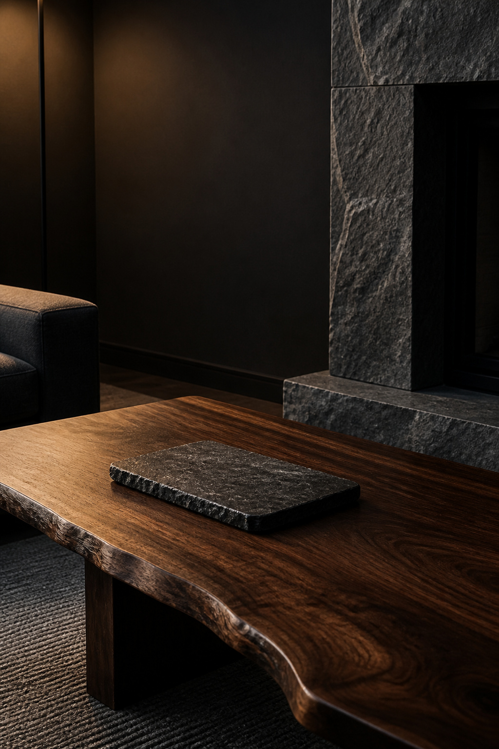 Dark walnut coffee table and slate stone surfaces under warm lamp raking light in a moody charcoal living room — natural material grounding layer