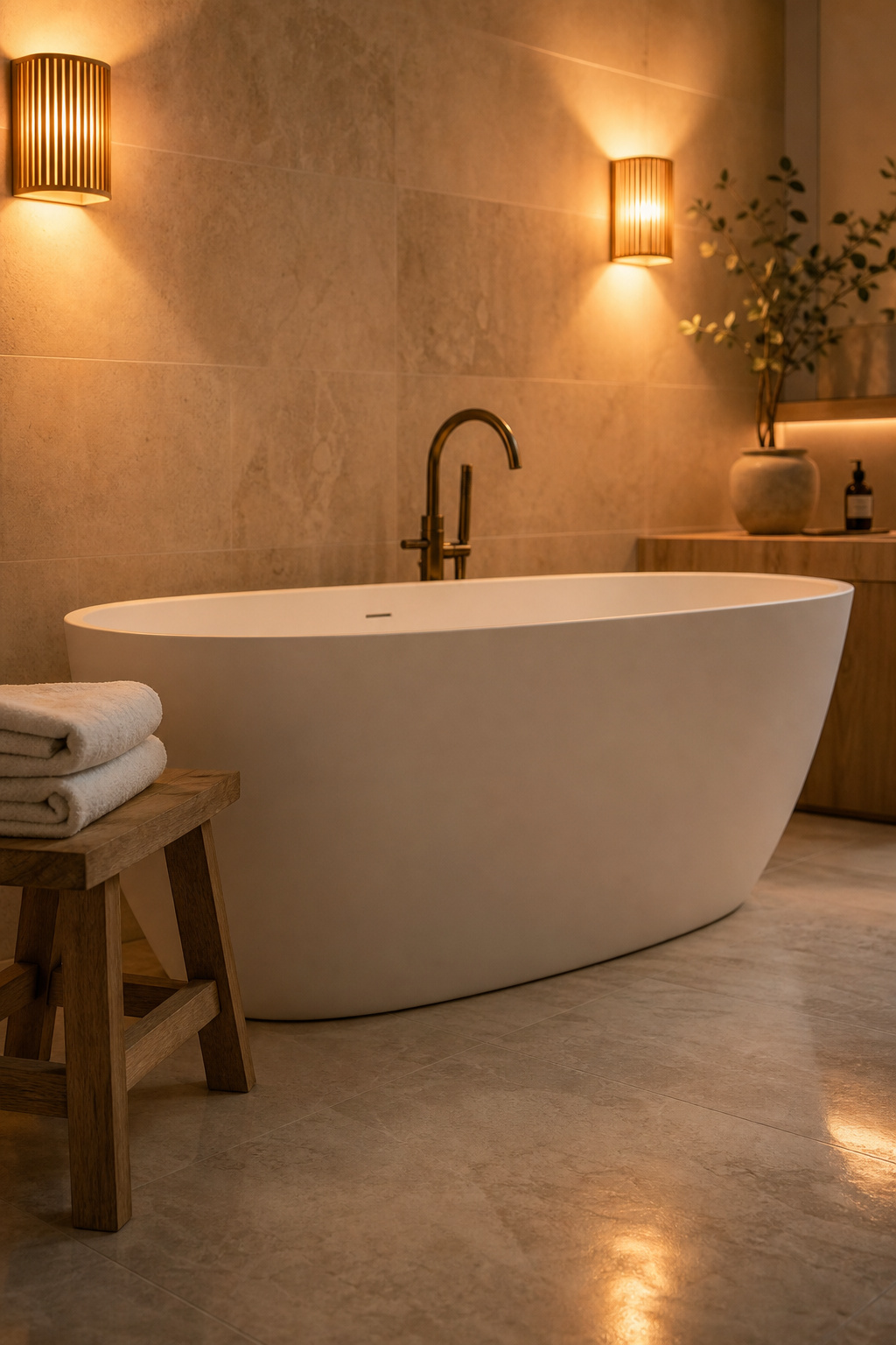 Scandinavian-style bathroom with a freestanding white bath under warm 2700K amber sconce lighting on pale stone tiles