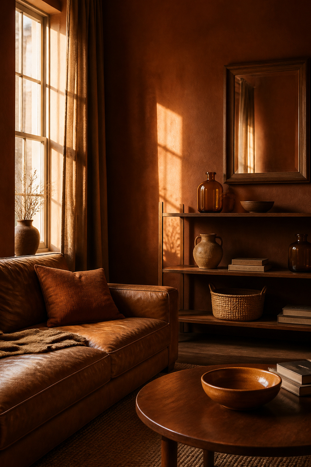 Warm moody living room with deep terracotta-brown walls, cognac leather sofa, walnut shelving and ochre ceramic accents in late-afternoon light