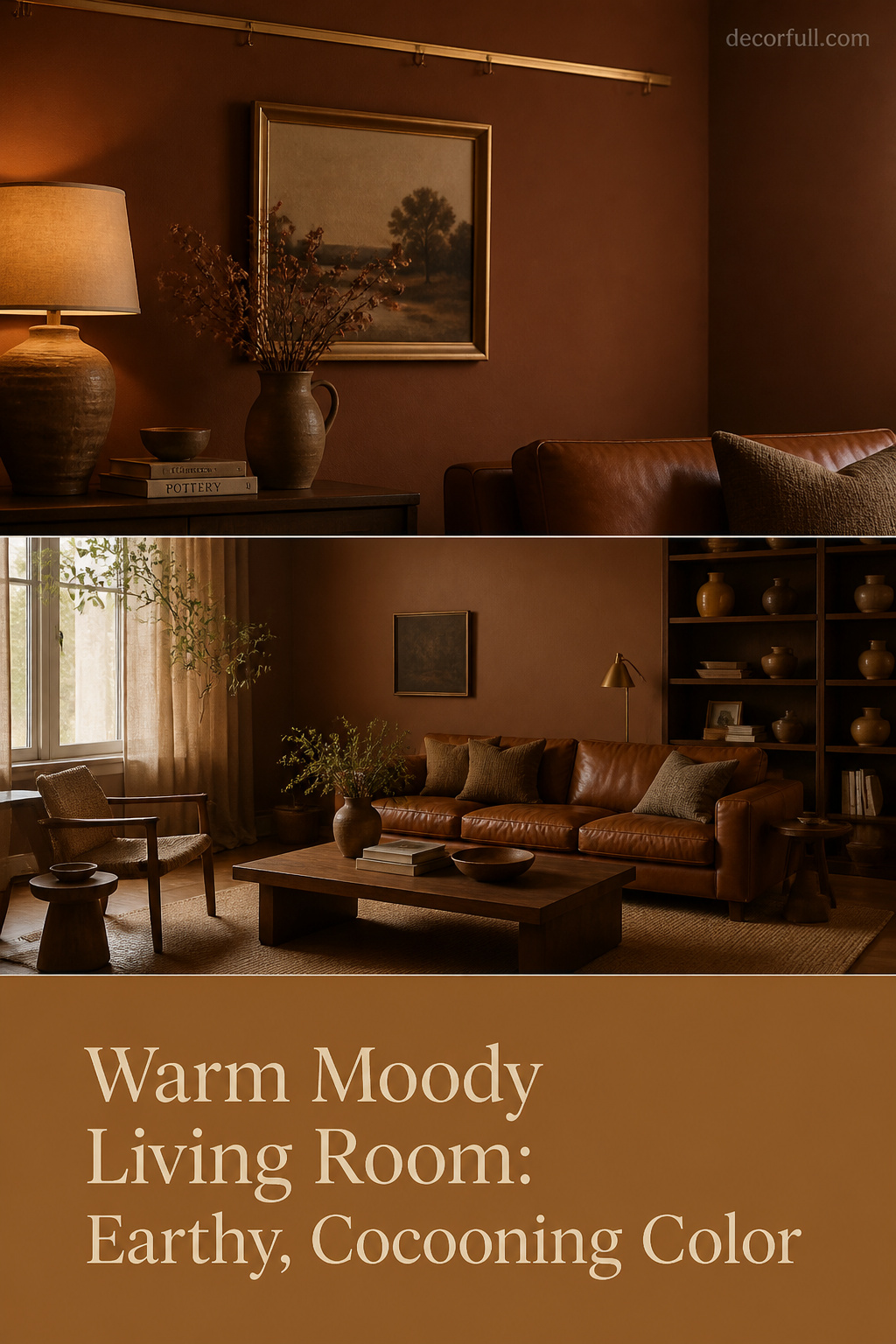 Pinterest collage of warm moody living room ideas: terracotta wall close-up, caramel and earthy palette living scene, ochre text overlay panel