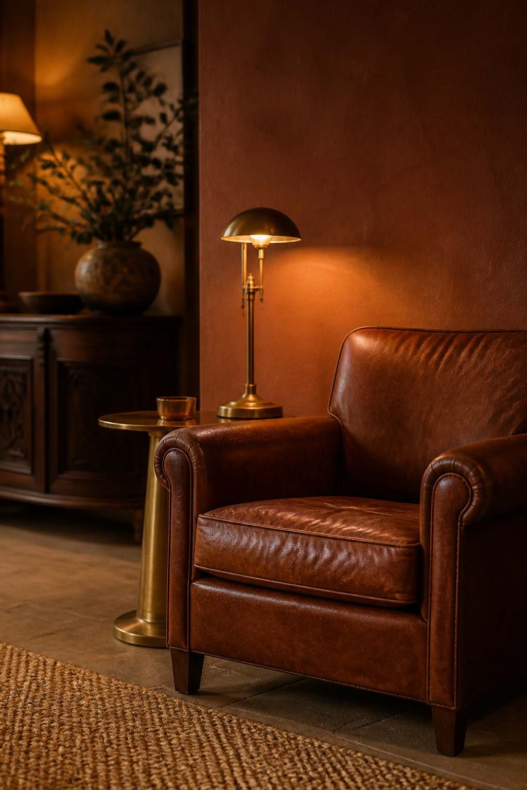 Warm moody living room with deep terracotta-brown wall, cognac leather chair, brass side table and jute rug