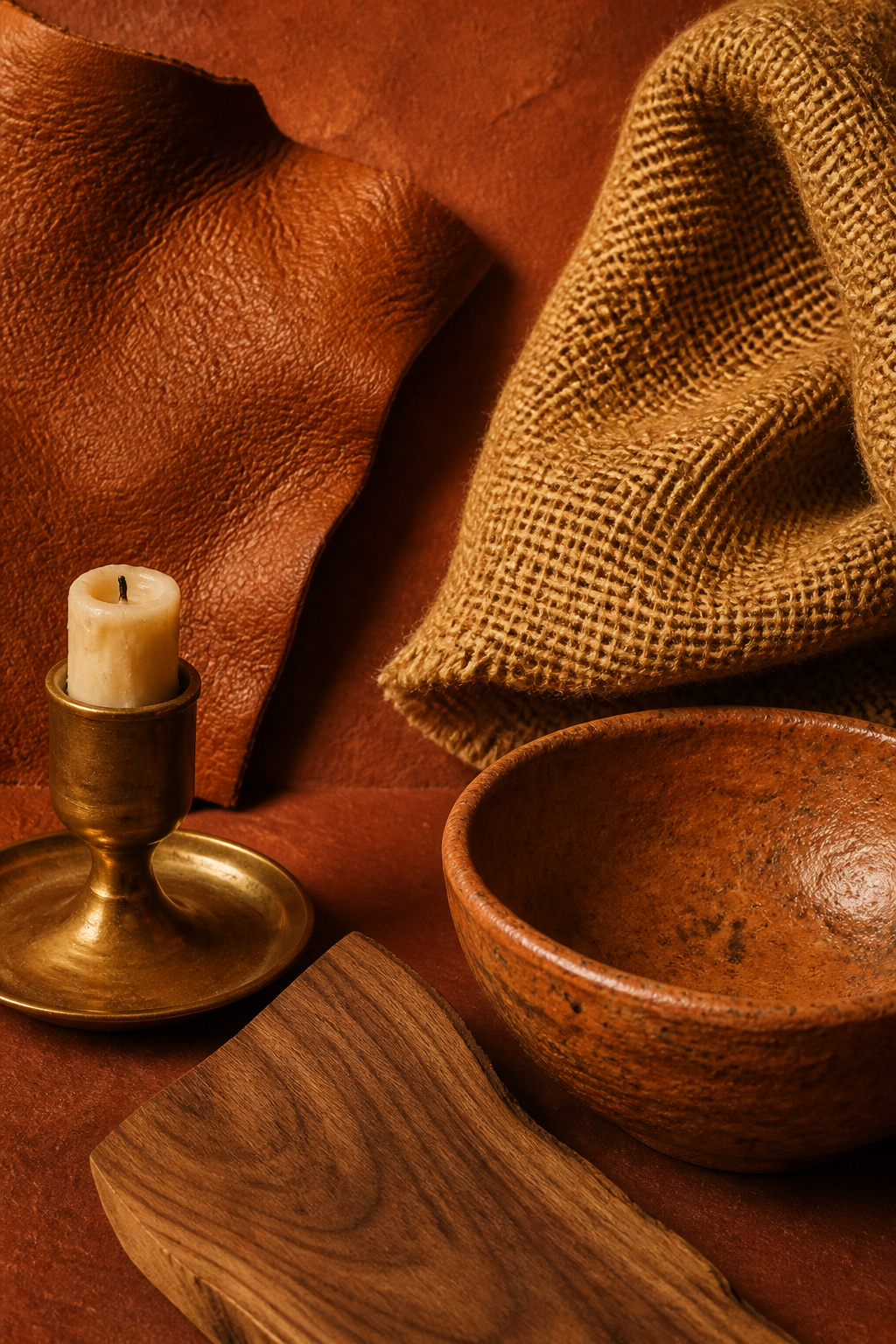 Warm moody living room material palette: cognac leather, jute, unlacquered brass, terracotta ceramic bowl and walnut wood against terracotta background