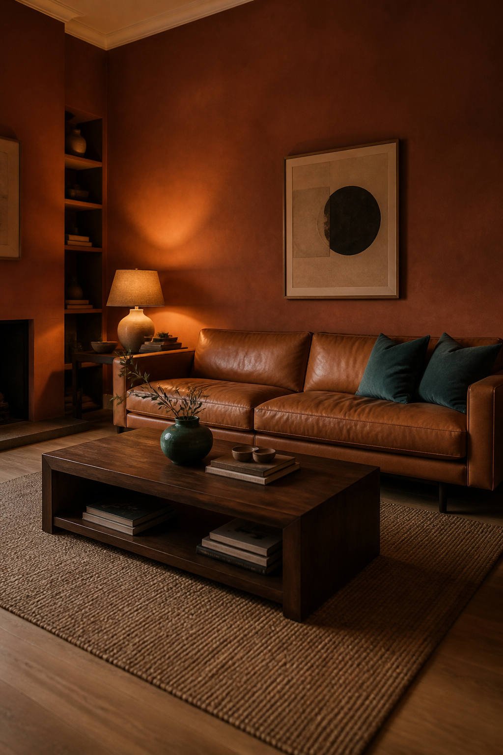 Living room showing 60-30-10 warm moody palette with terracotta walls, cognac leather sofa and small sage green and teal accent pieces