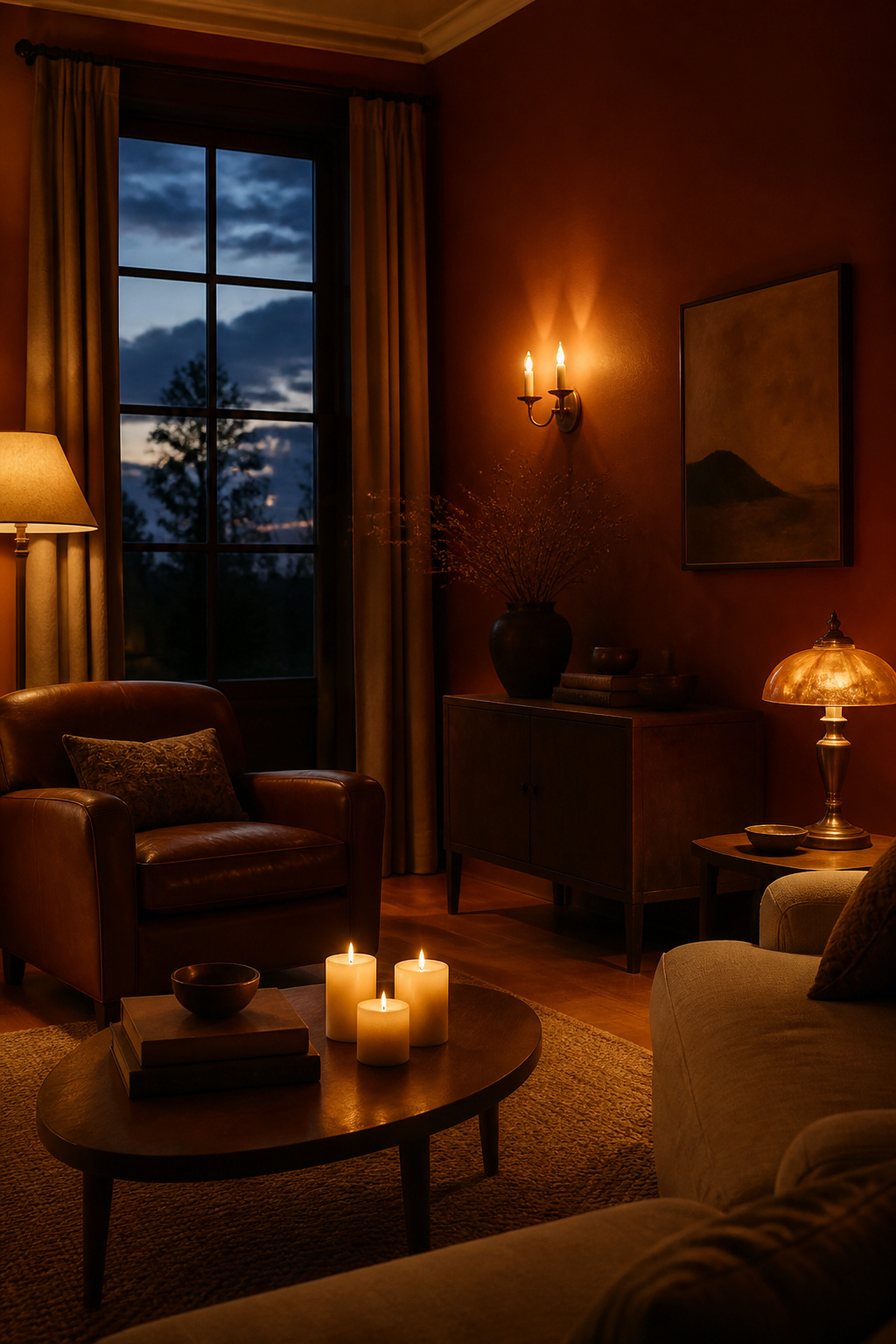 Warm moody living room at dusk with layered brass lamp light, candles on coffee table and deep terracotta walls glowing in amber illumination