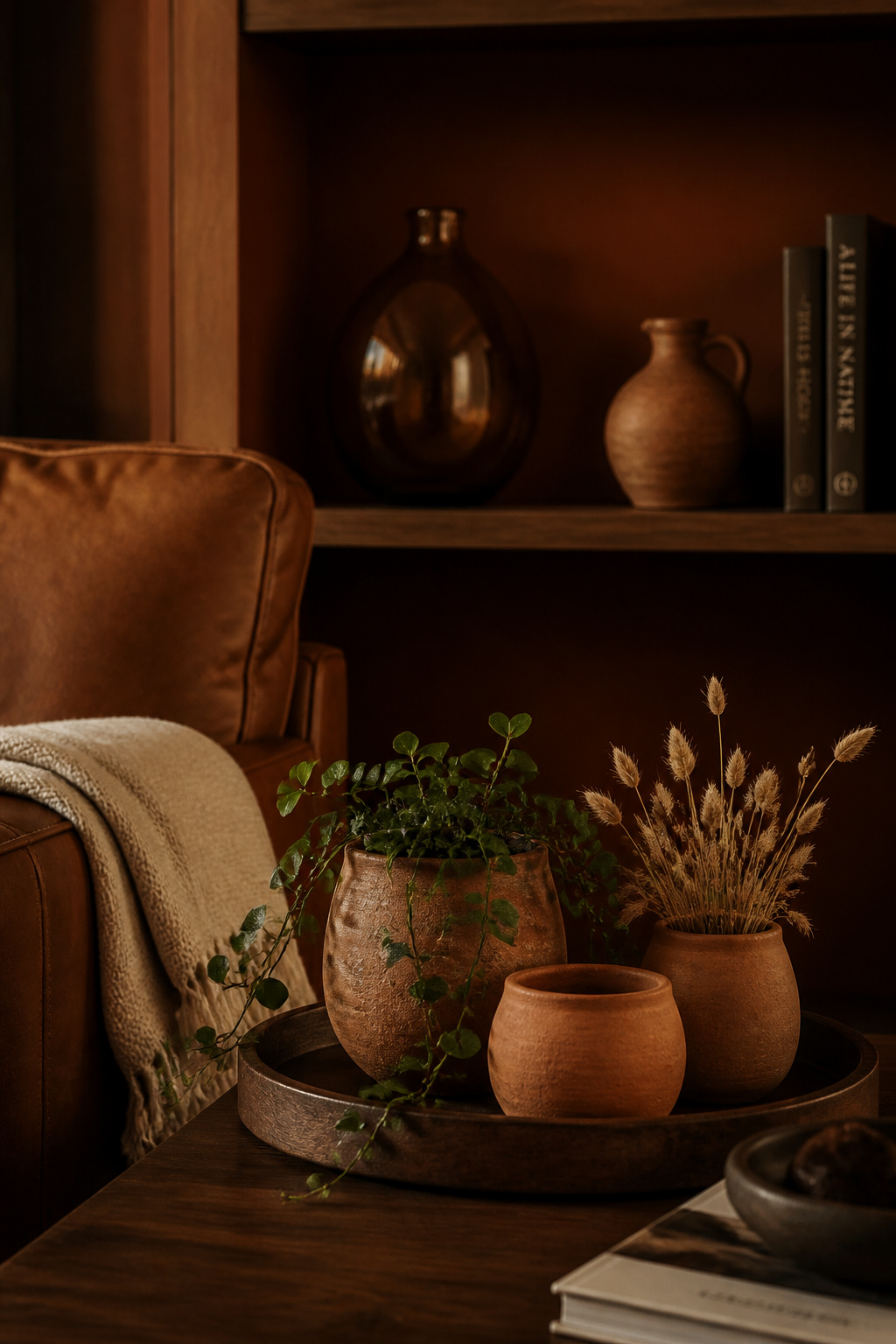 Warm moody living room shelf with amber glass and terracotta ceramics, coffee table with graduated terracotta pots and trailing green plant