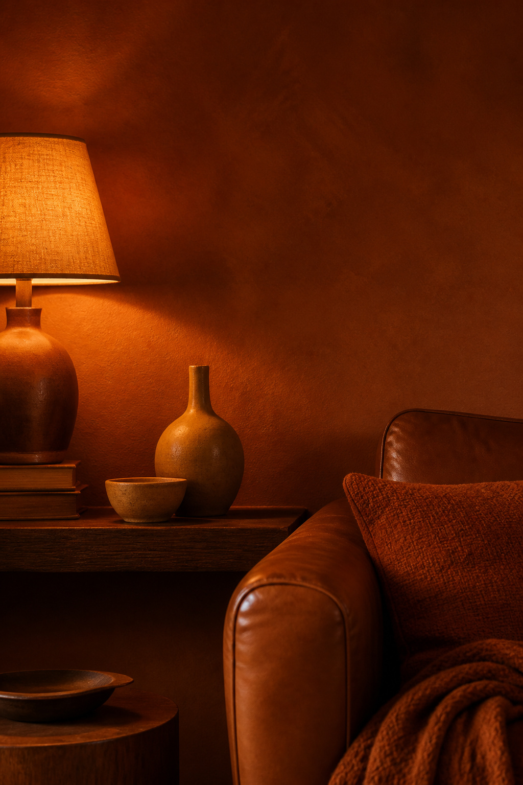 Warm moody living room corner with terracotta-brown walls, walnut shelf and cognac leather showing the fully warm earthy palette
