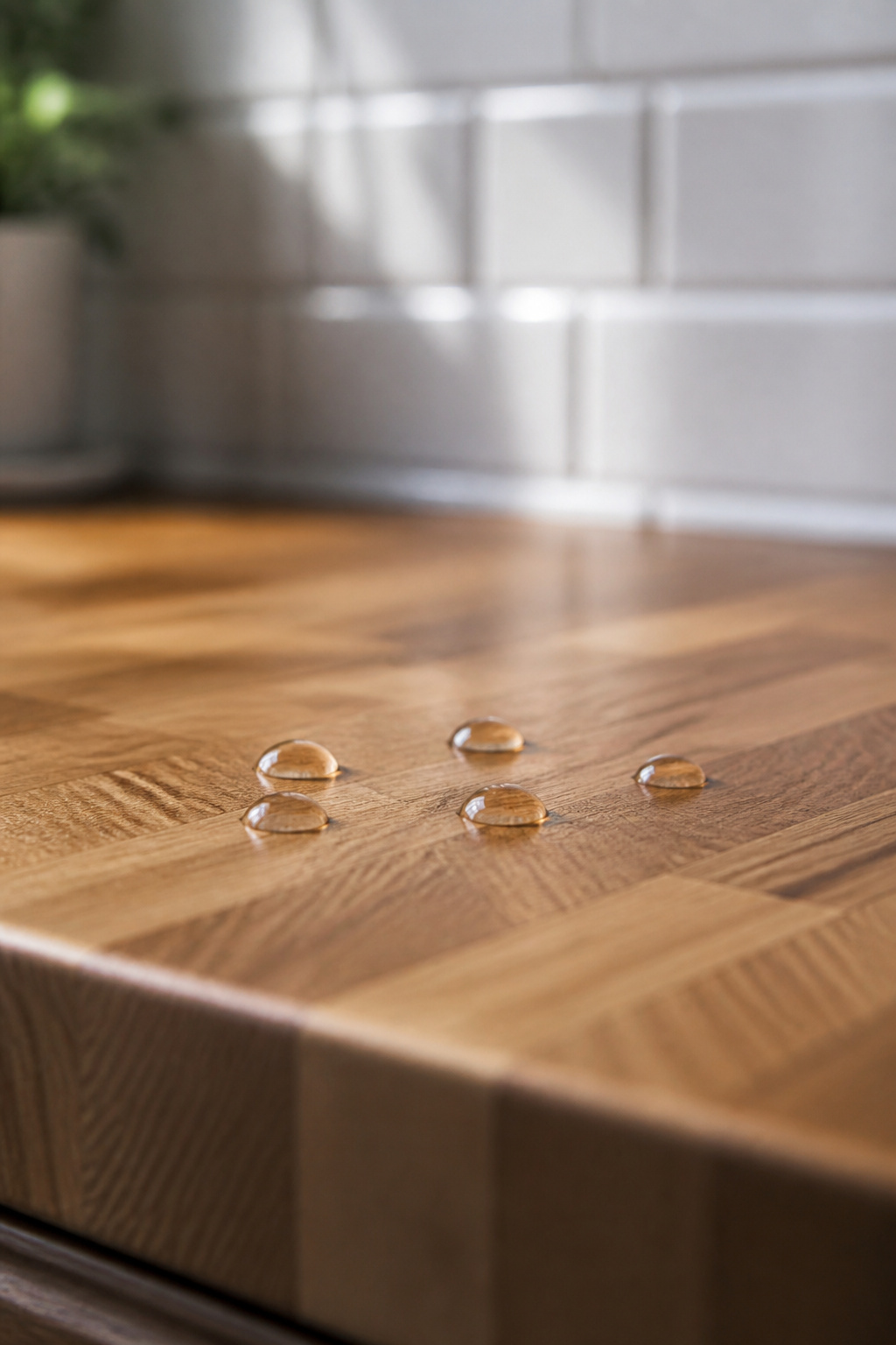 Water droplets beading on a well-oiled butcher block countertop surface, showing the oil barrier is intact