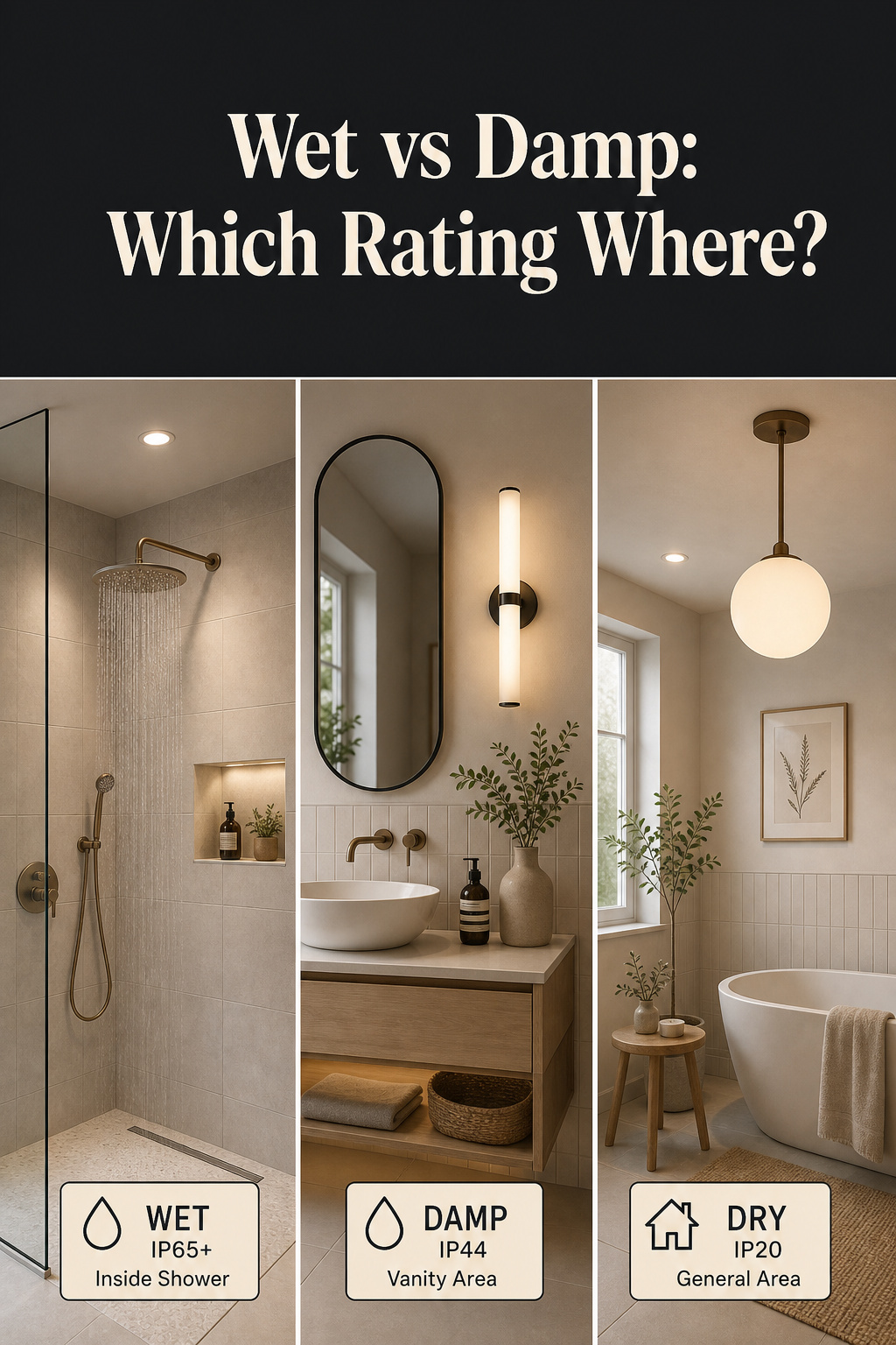 Three-panel Pinterest guide showing shower zone with wet-rated fixture, vanity area with damp-rated sconce, and general bathroom ceiling light