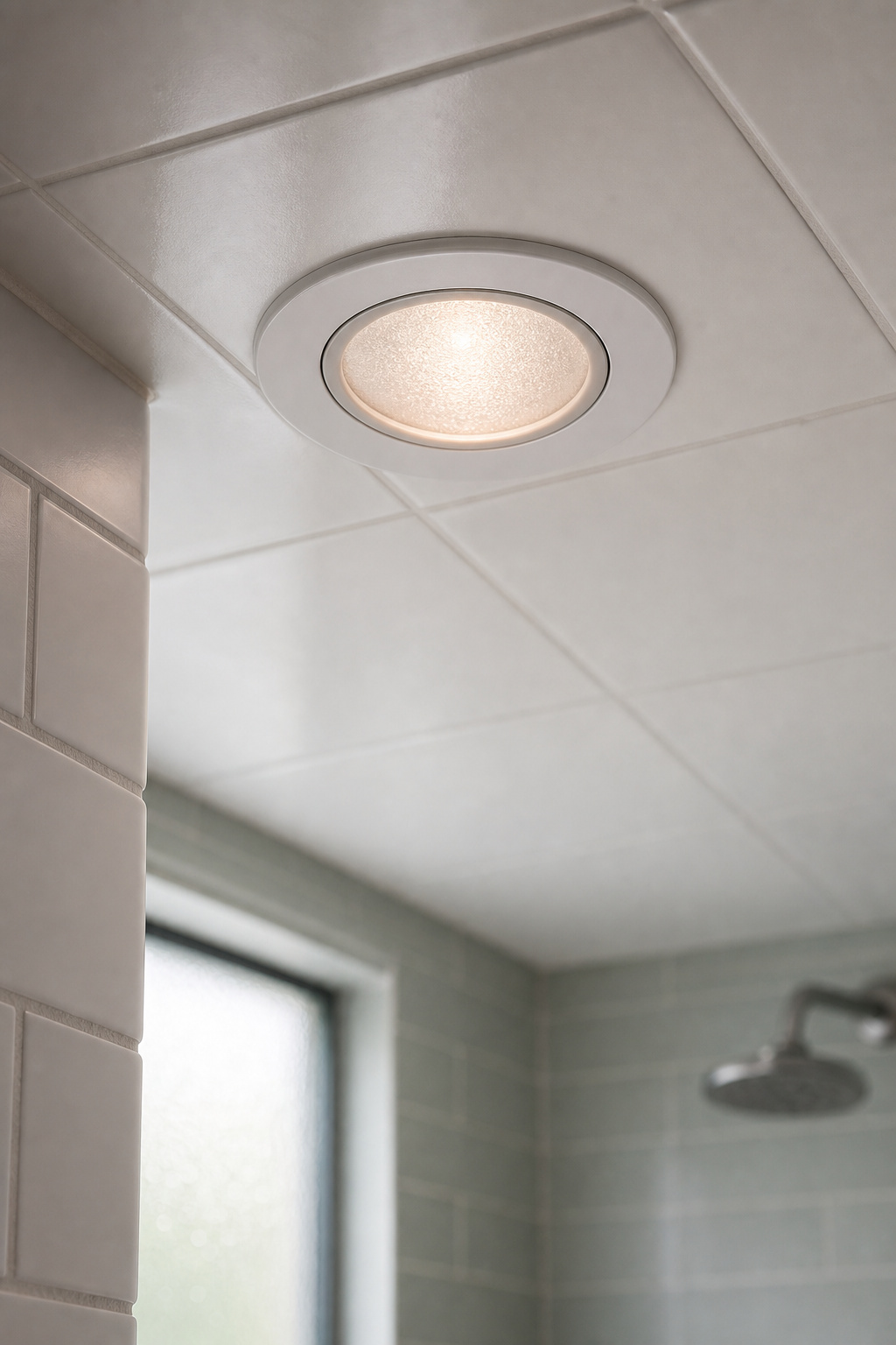 Wet-rated recessed ceiling light flush-mounted in white tile shower ceiling, sealed trim ring visible