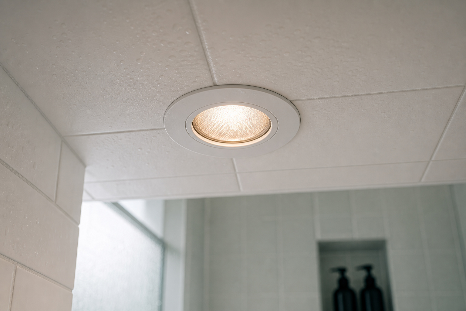Wet-rated recessed ceiling light flush-mounted in white tile shower ceiling, sealed trim ring visible