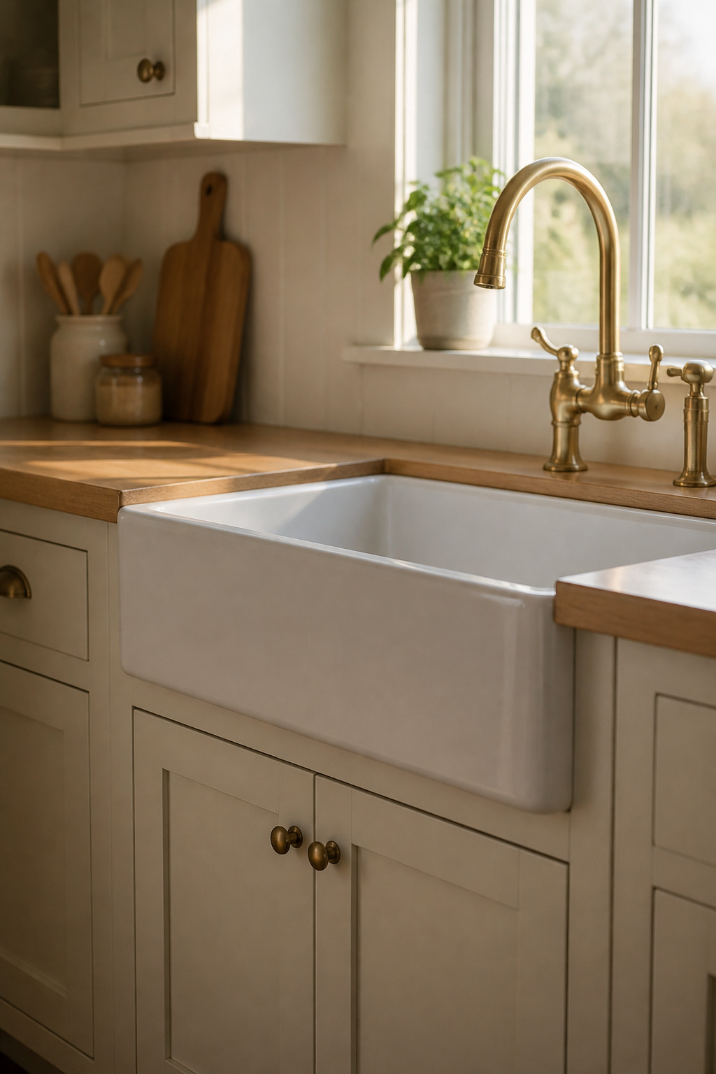 Clean white fireclay farmhouse sink in a lived-in cream shaker kitchen with brass faucet and window light
