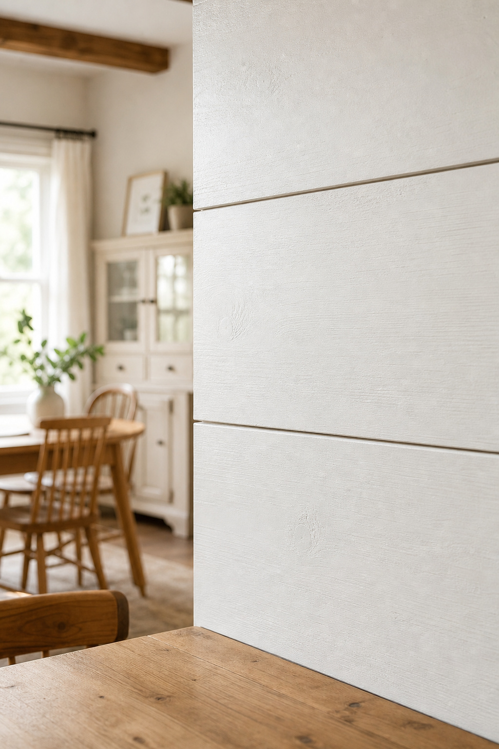 White horizontal shiplap accent wall in a farmhouse dining room showing three board courses with narrow shadow-line gaps